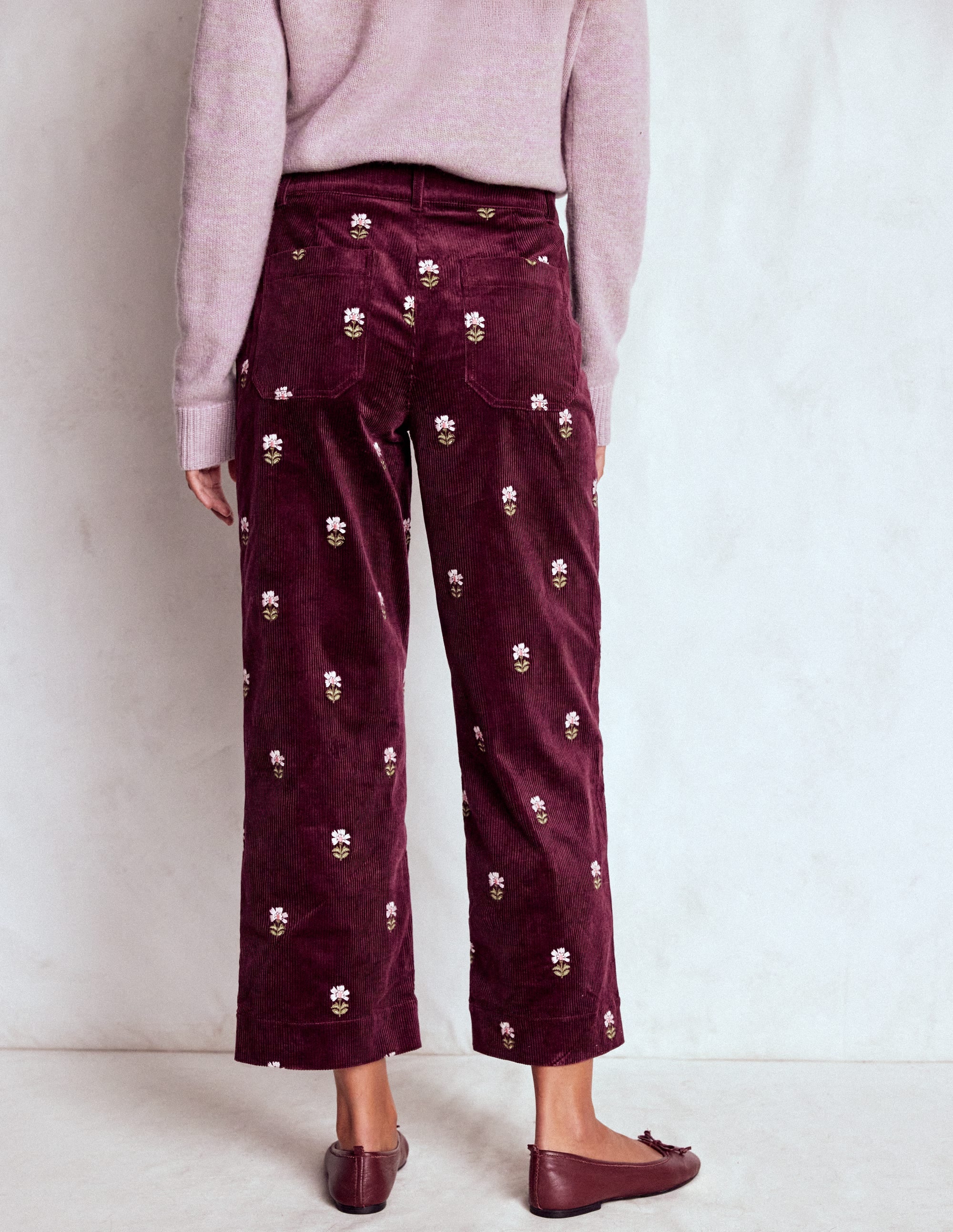 Primrose Cord Trousers-Dark Cherry Embroidery - Image 3