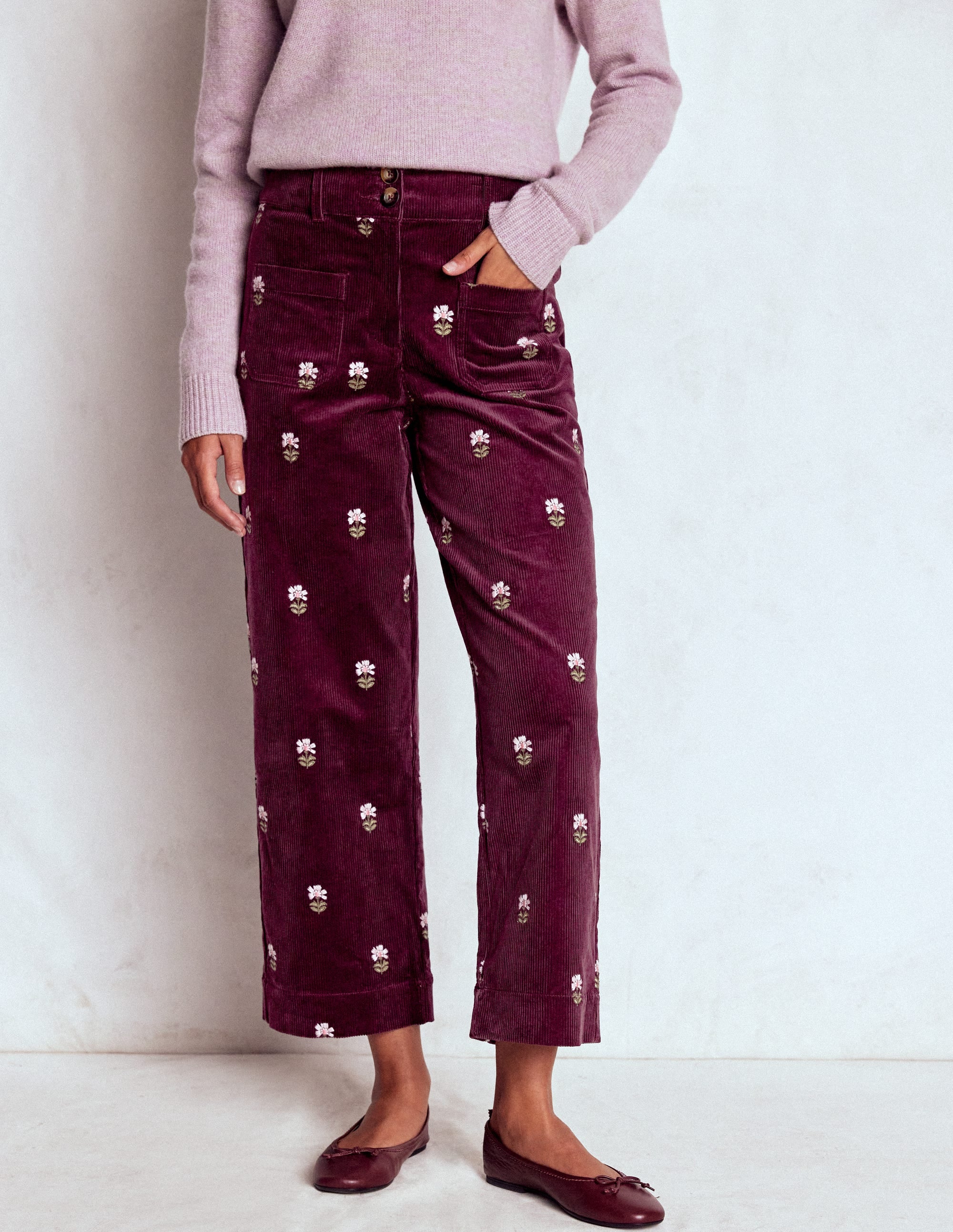 Primrose Cord Trousers-Dark Cherry Embroidery - Image 4