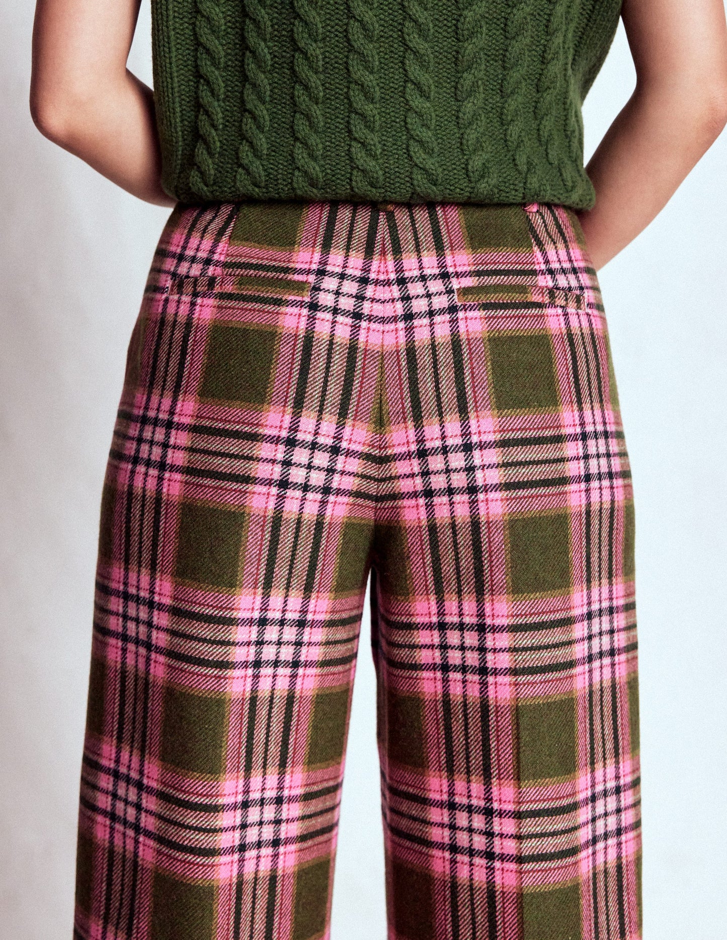Belgravia Wool Trousers-Olive, Green and Pink Check