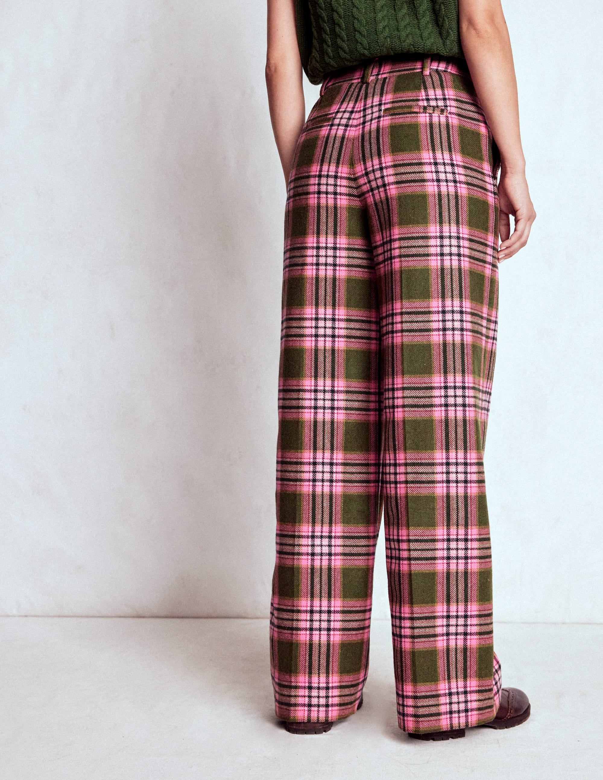 Belgravia Wool Blend Trousers-Olive, Green and Pink Check - Image 3