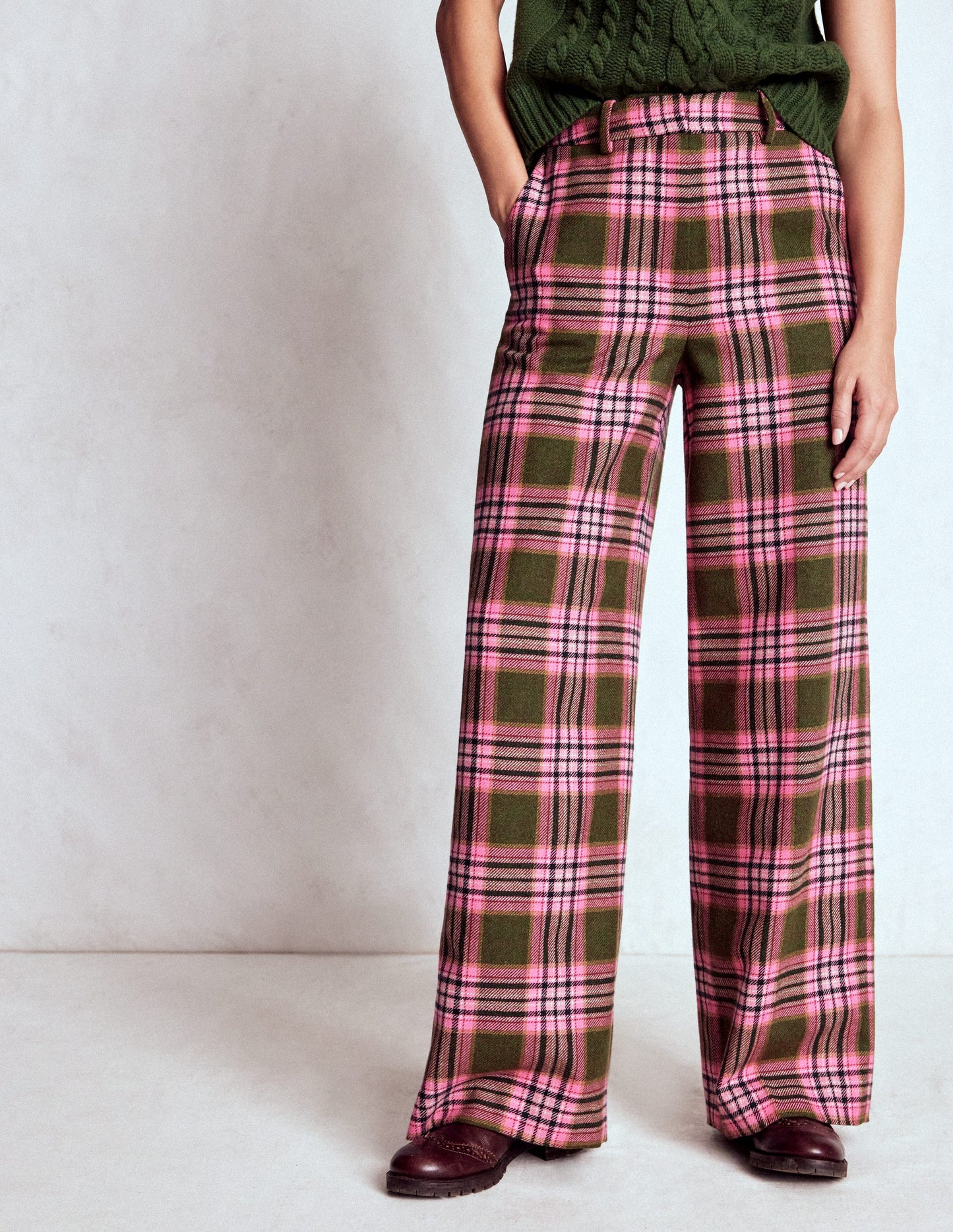Belgravia Wool Trousers-Olive, Green and Pink Check