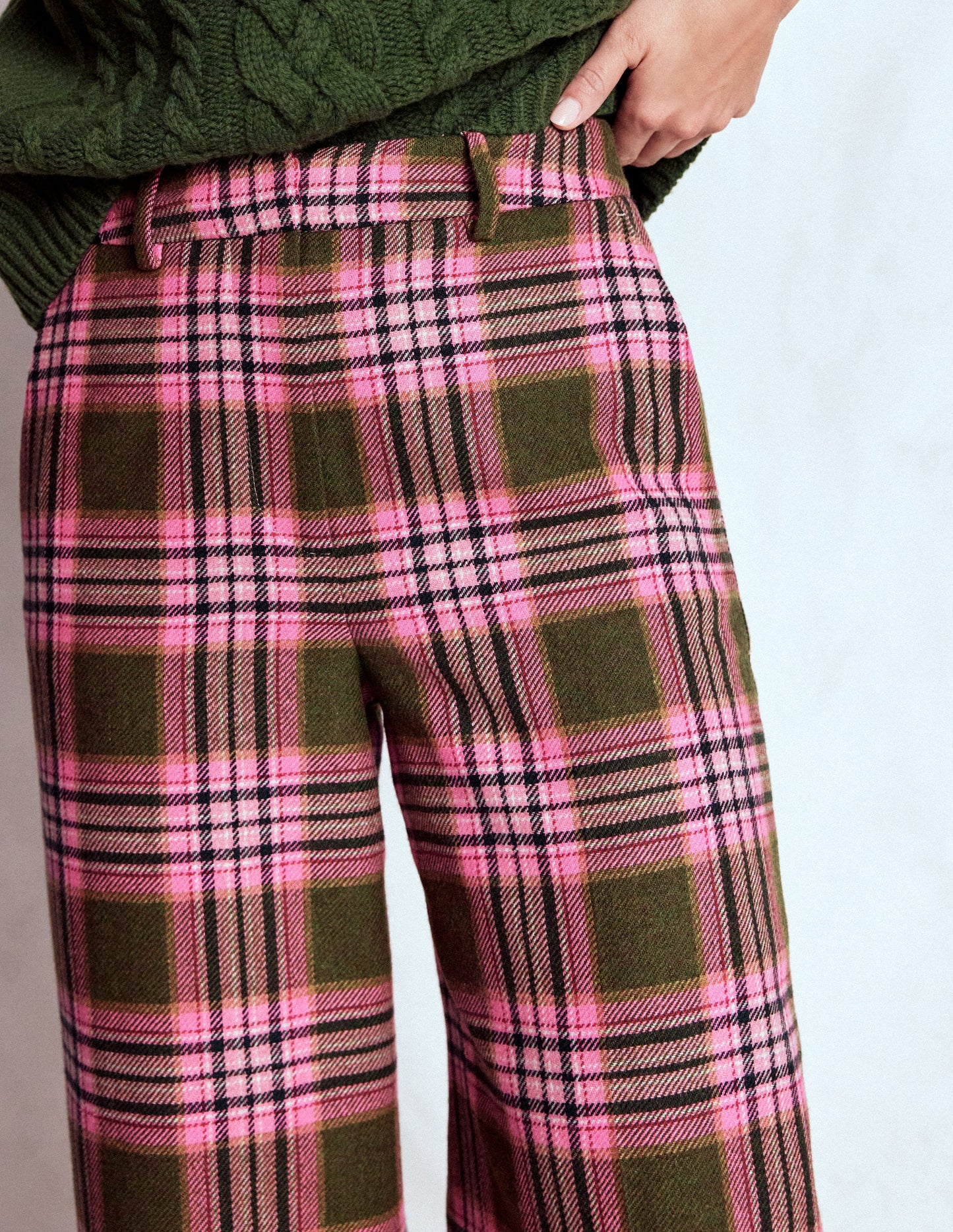 Belgravia Wool Trousers-Olive, Green and Pink Check