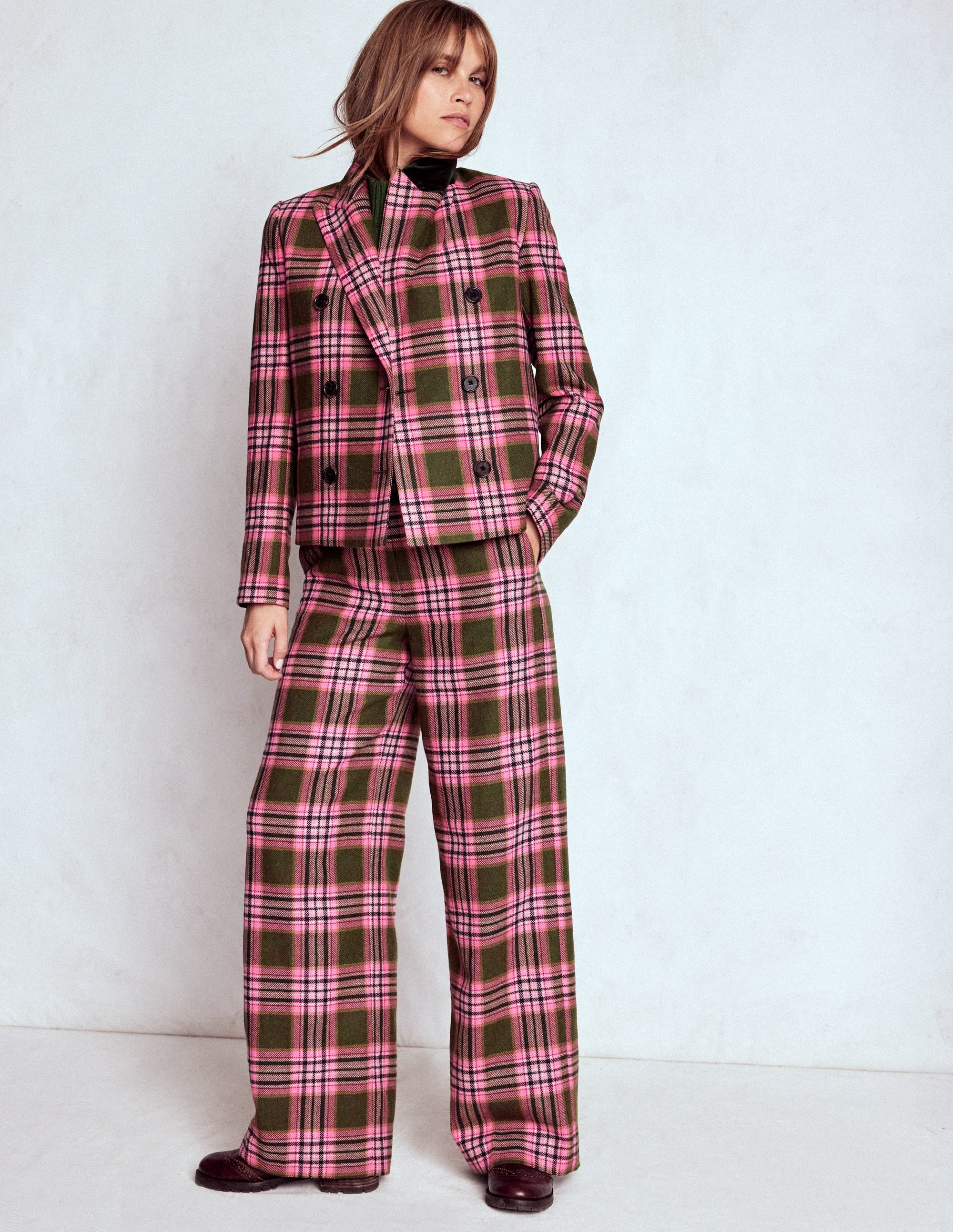Belgravia Wool Blend Trousers-Olive, Green and Pink Check - Image 6