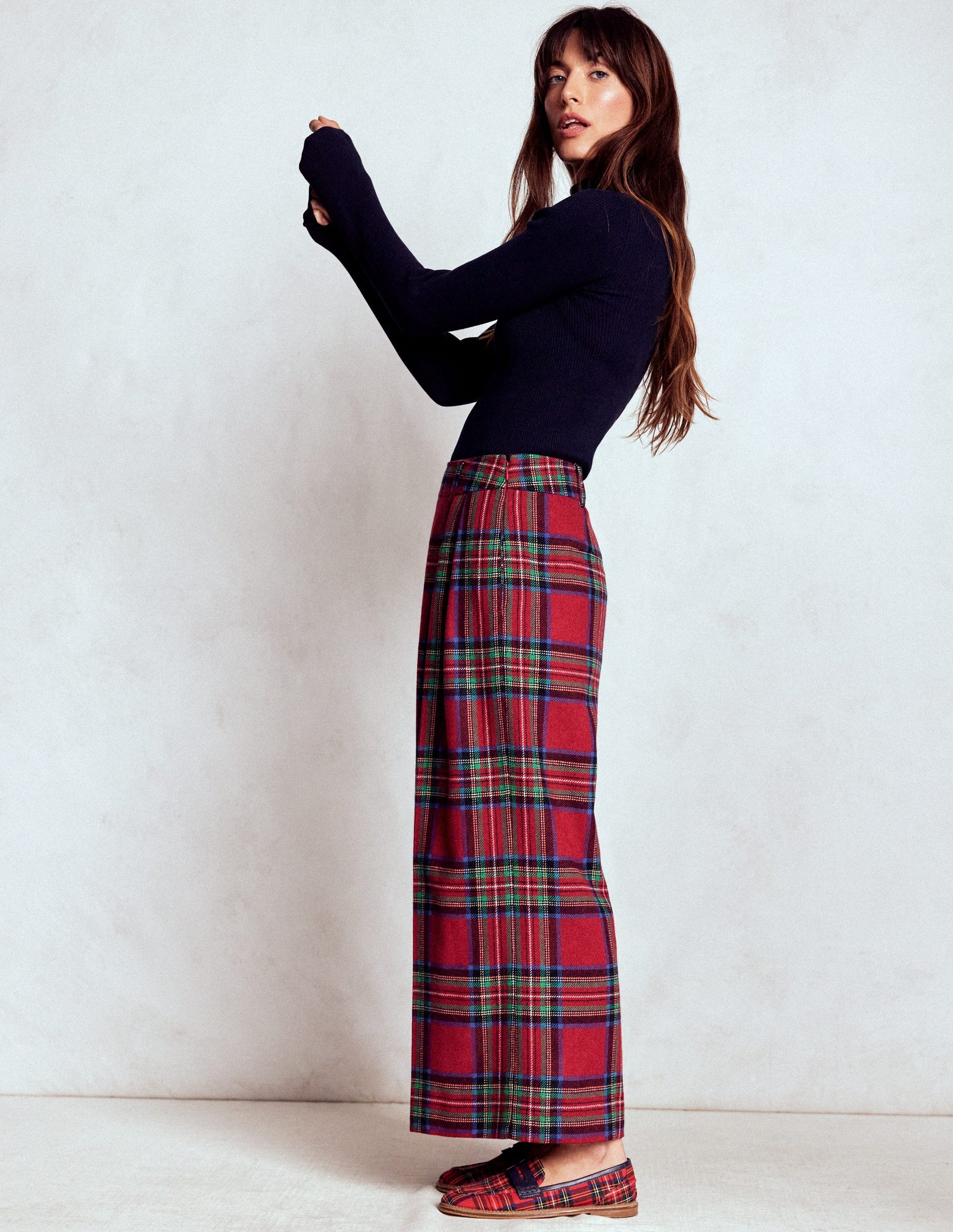 Pleated Wool Culottes-Red, Blue and Green Check-1