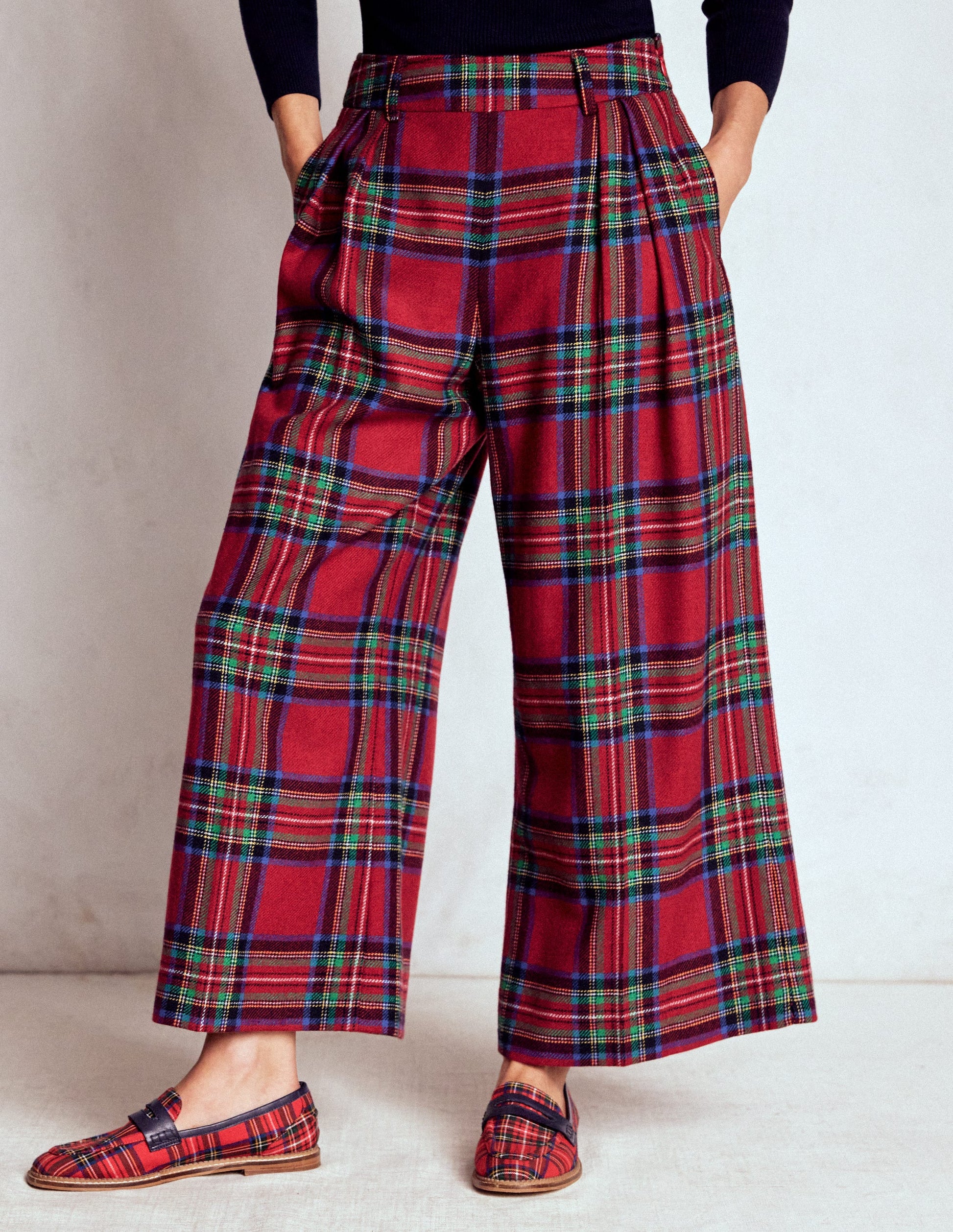 Pleated Wool Culottes-Red, Blue and Green Check-4