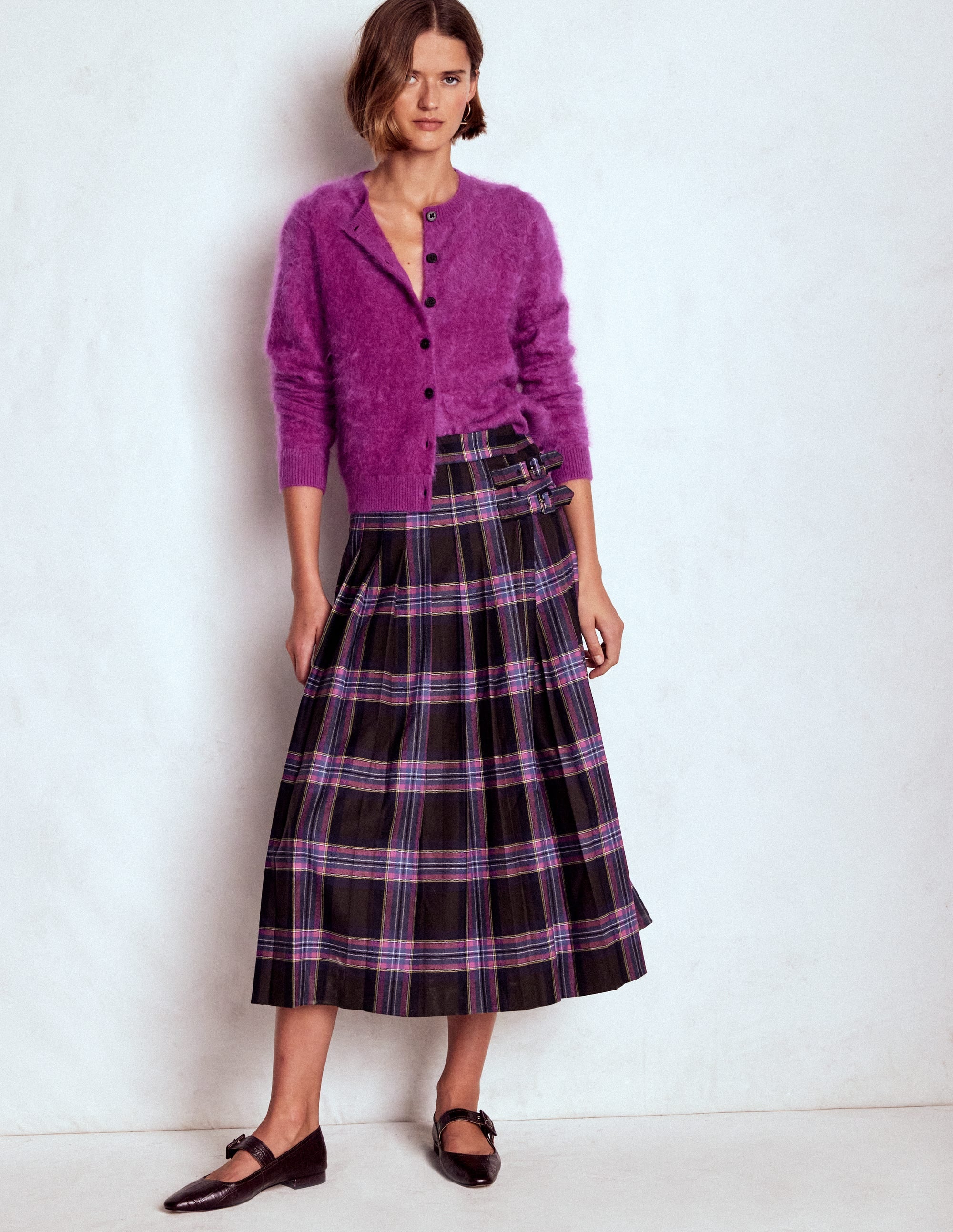 Josephine Wool Kilt Skirt-Brown, Teal & Pink Check - Image 1