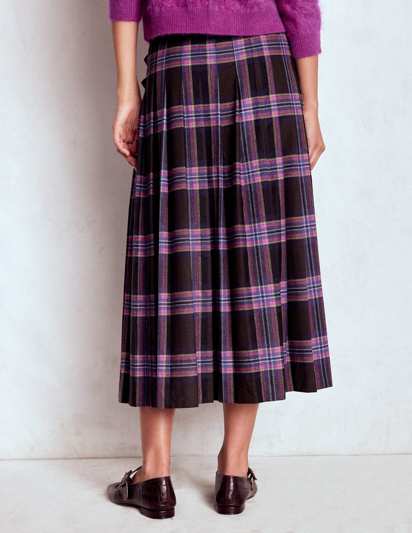 Josephine Wool Kilt Skirt-Brown, Teal & Pink Check