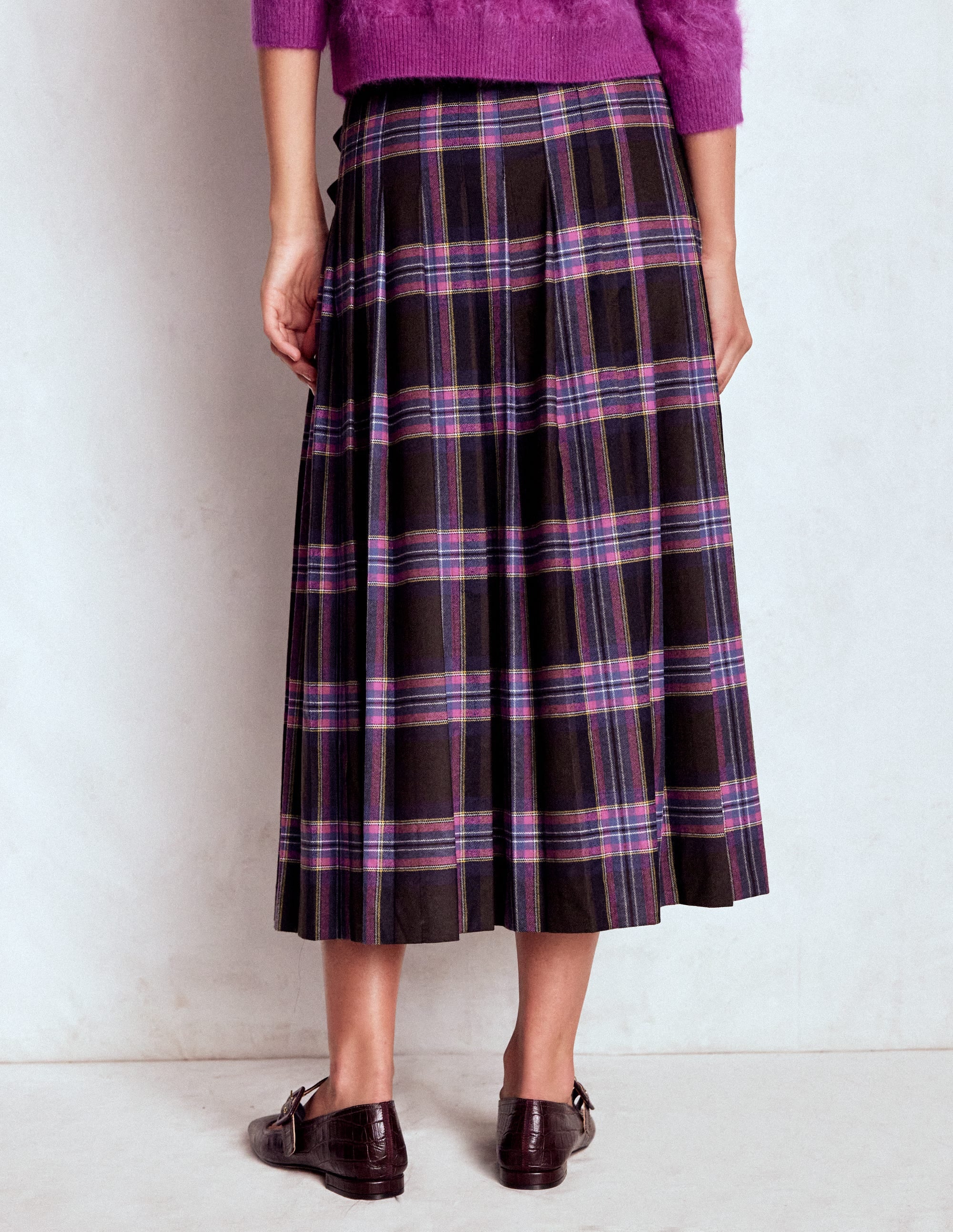 Josephine Wool Kilt Skirt-Brown, Teal & Pink Check - Image 3