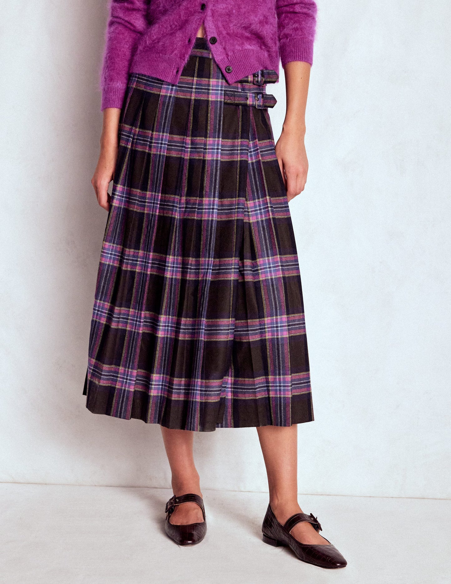 Josephine Wool Kilt Skirt-Brown, Teal & Pink Check