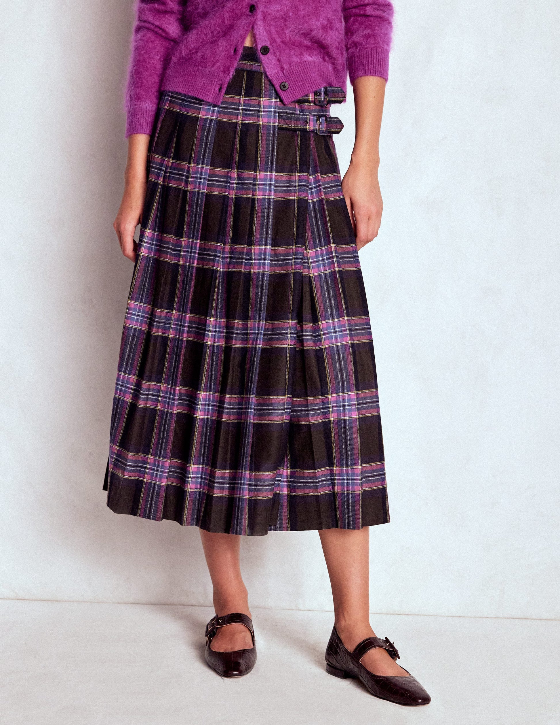 Josephine Wool Kilt Skirt-Brown, Teal & Pink Check-4