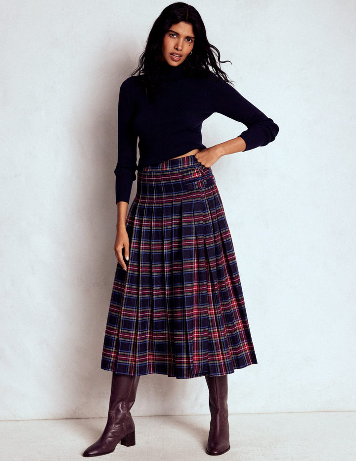 Josephine Wool Kilt Skirt-Navy, Green and Red Check