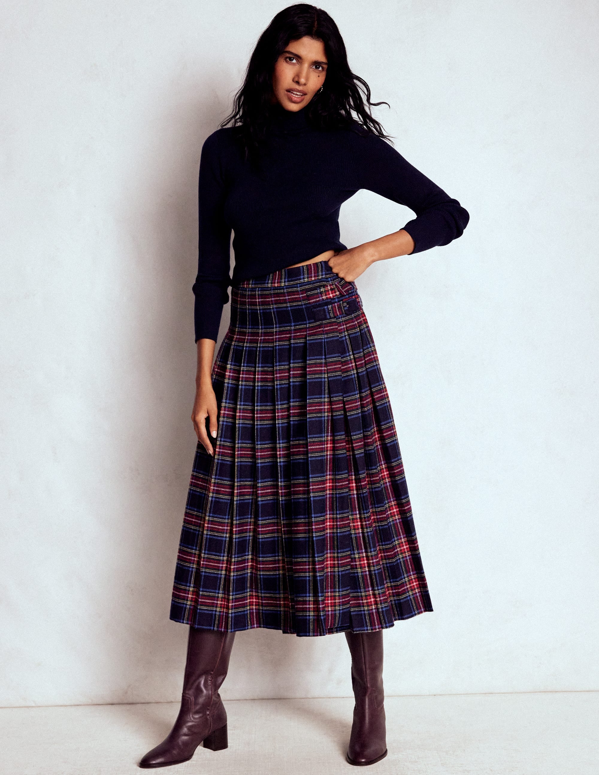 Josephine Wool Kilt Skirt-Navy, Green and Red Check - Image 1