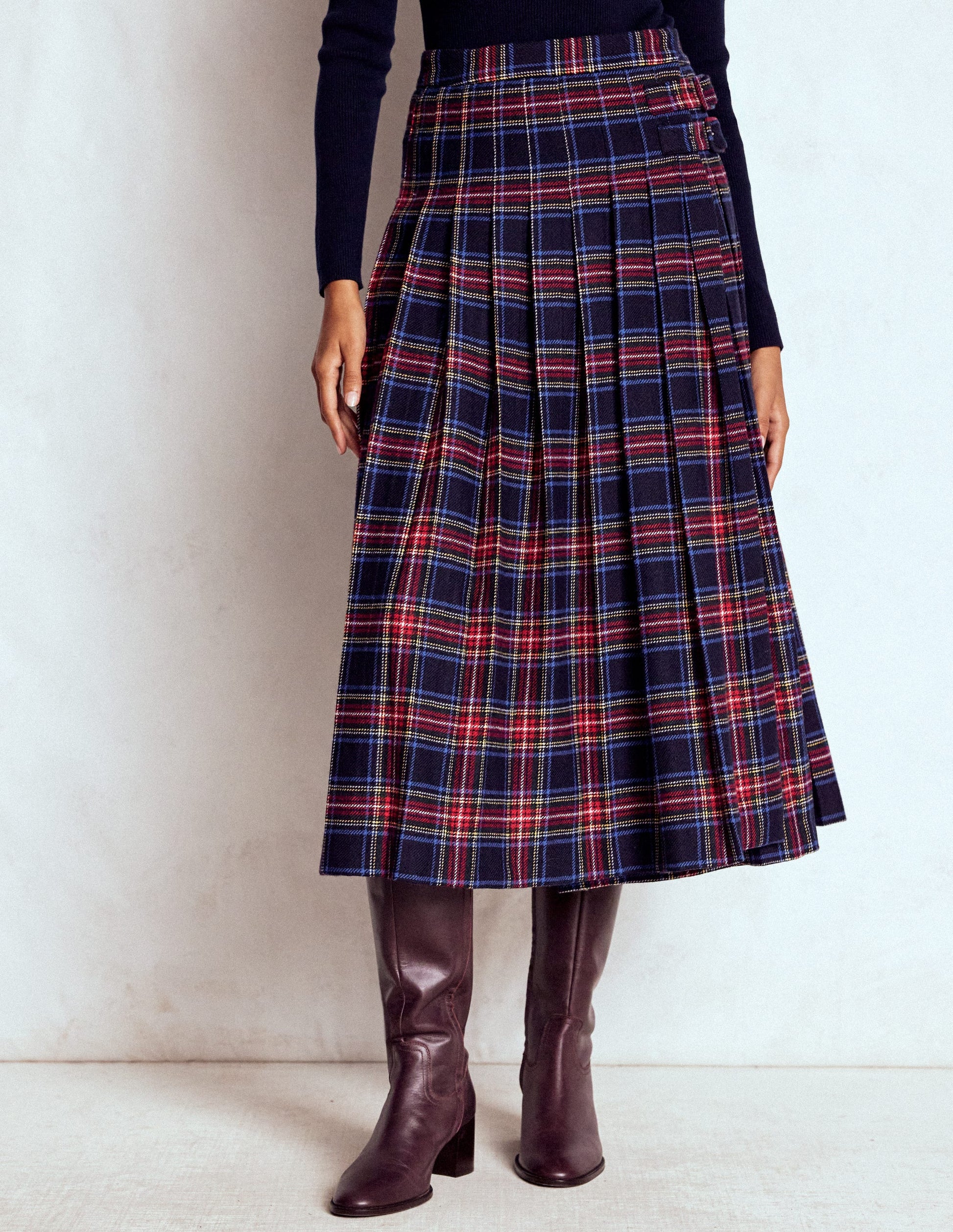Josephine Wool Kilt Skirt-Navy, Green and Red Check Boden UK
