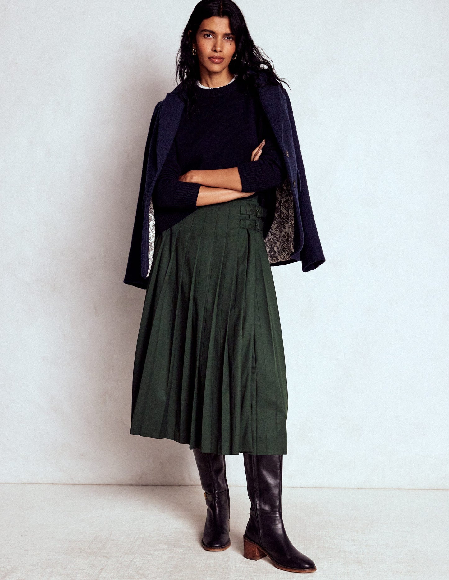 Josephine Kilt Midi Skirt-Hunter Green