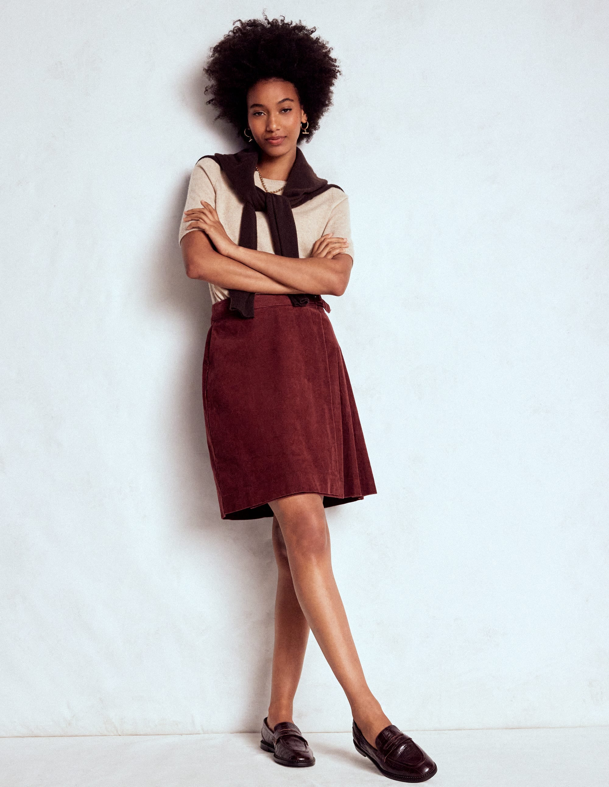 Helen Cord Kilt Skirt-Chestnut - Image 1
