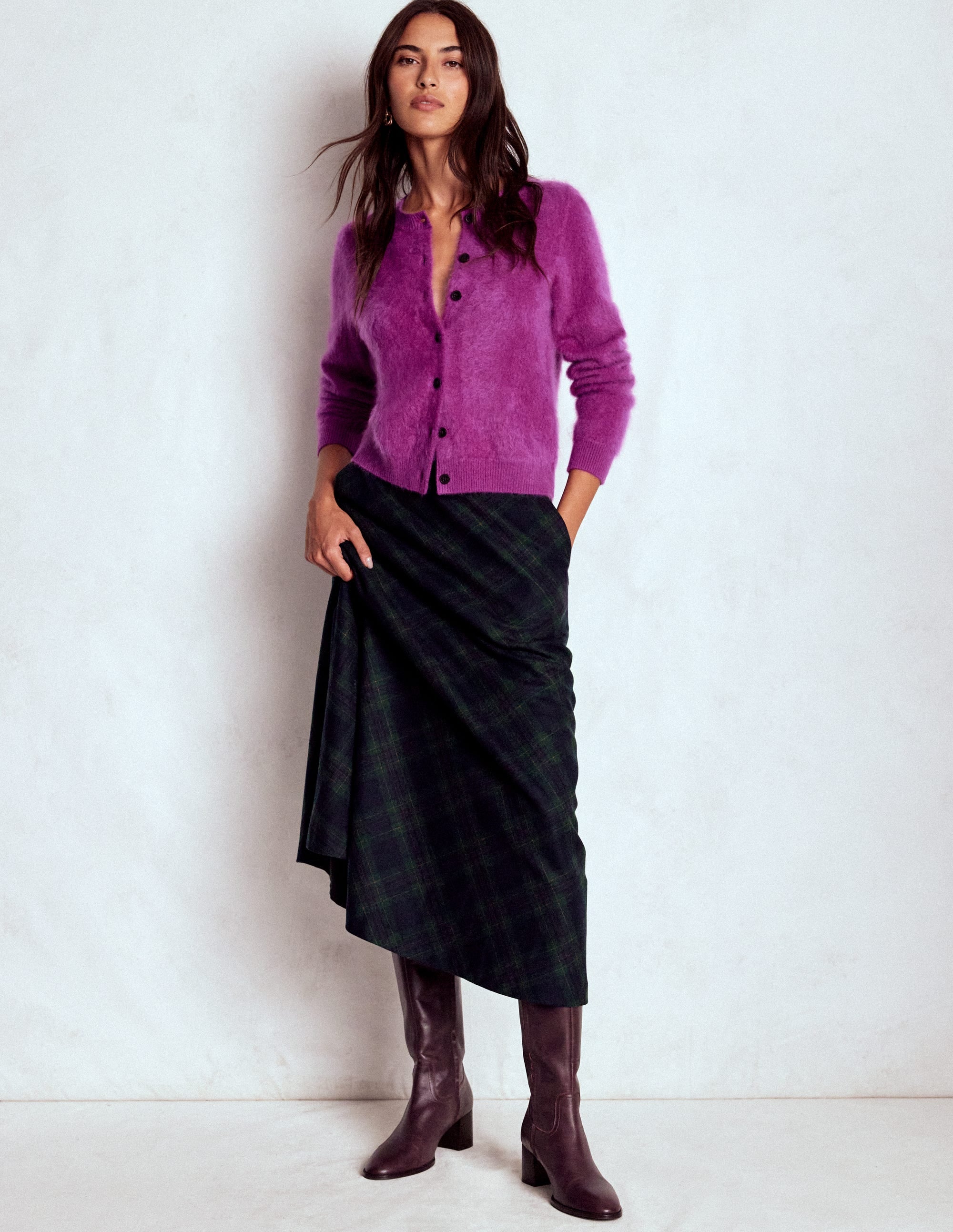 Hayley Wool Midi Skirt-Navy and Green Tonal Check - Image 1