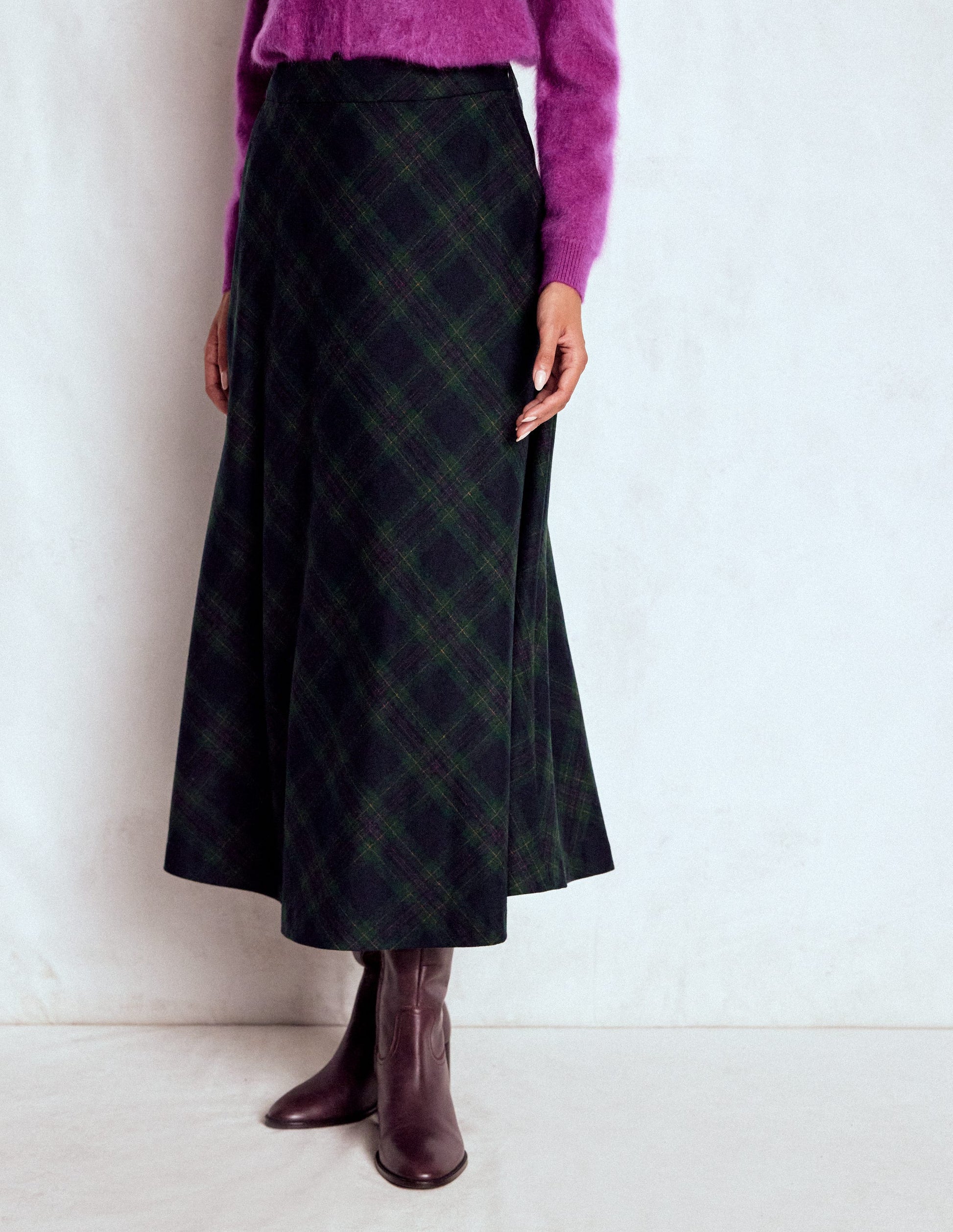 Hayley Wool Midi Skirt-Navy and Green Tonal Check-4