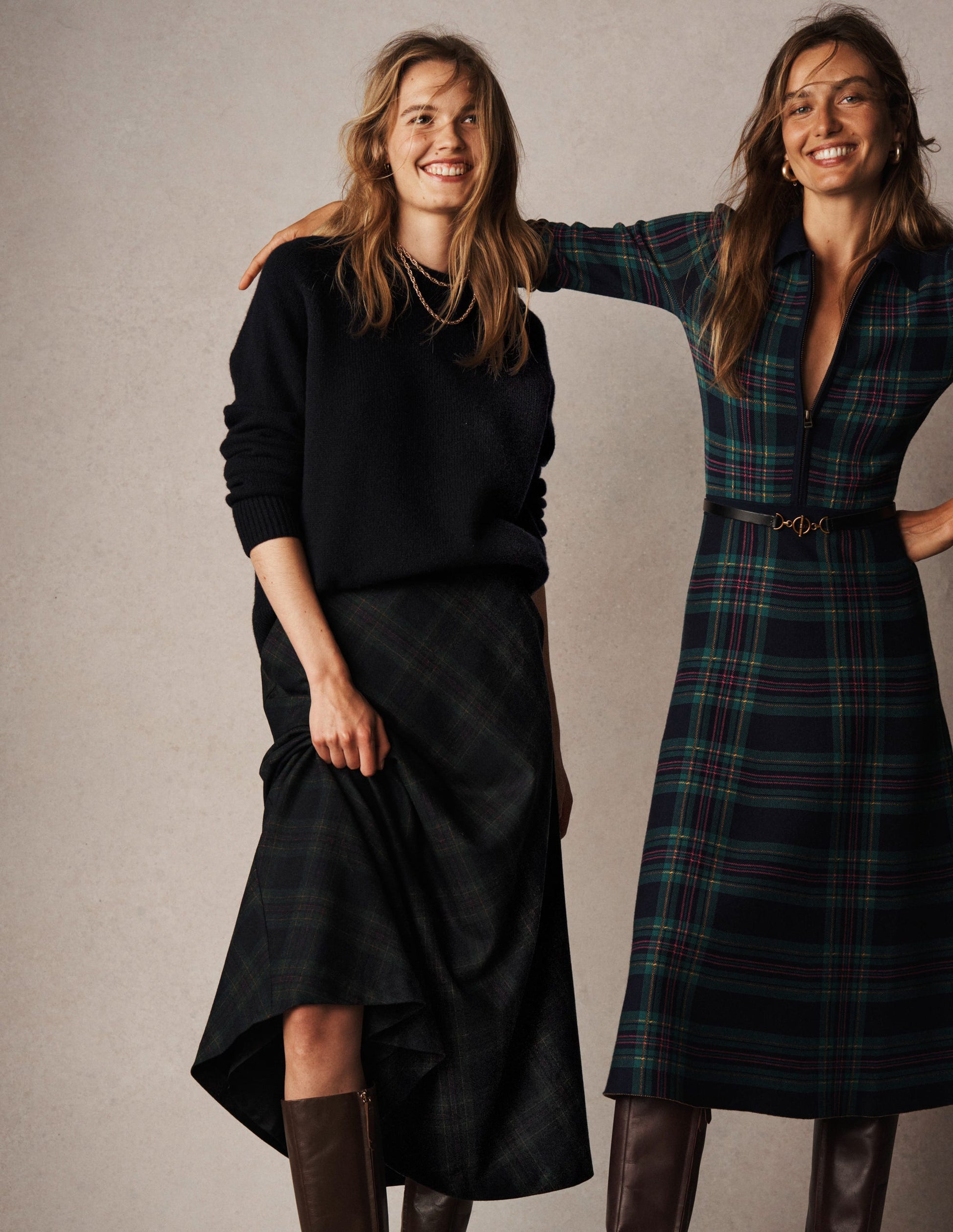 Hayley Wool Midi Skirt-Navy and Green Tonal Check-5