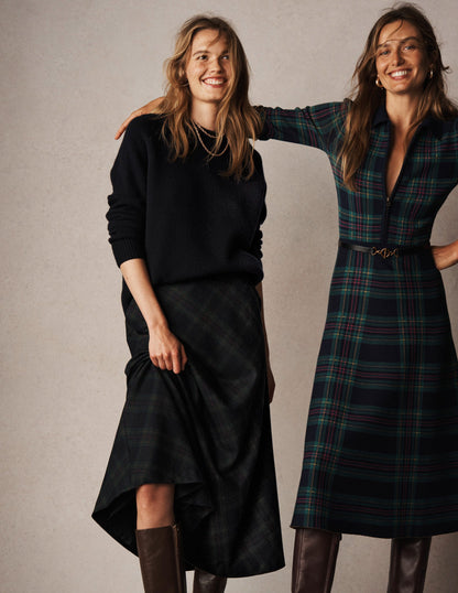 Hayley Wool Midi Skirt-Navy and Green Tonal Check-5