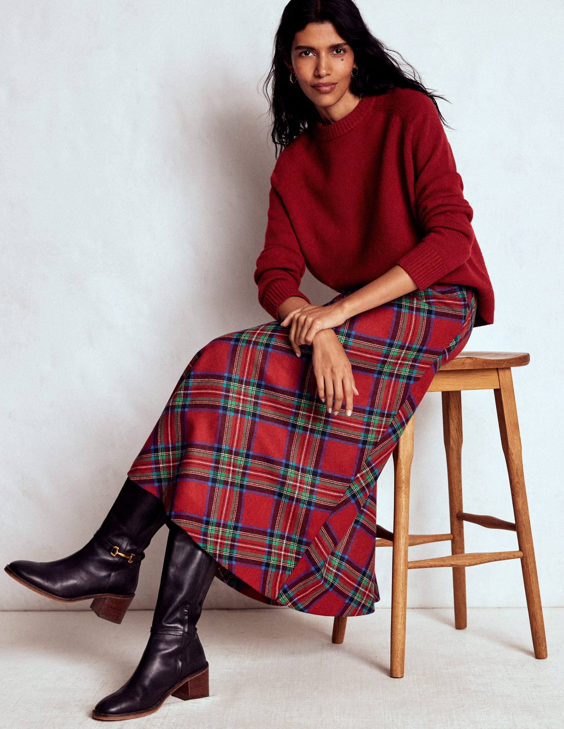 Hayley Wool Midi Skirt-Red, Blue and Green Check Boden UK