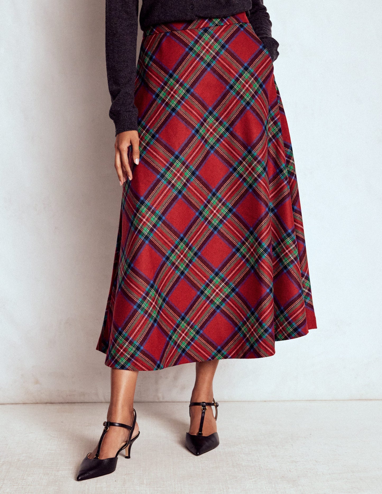 Hayley Wool Midi Skirt-Red, Blue and Green Check