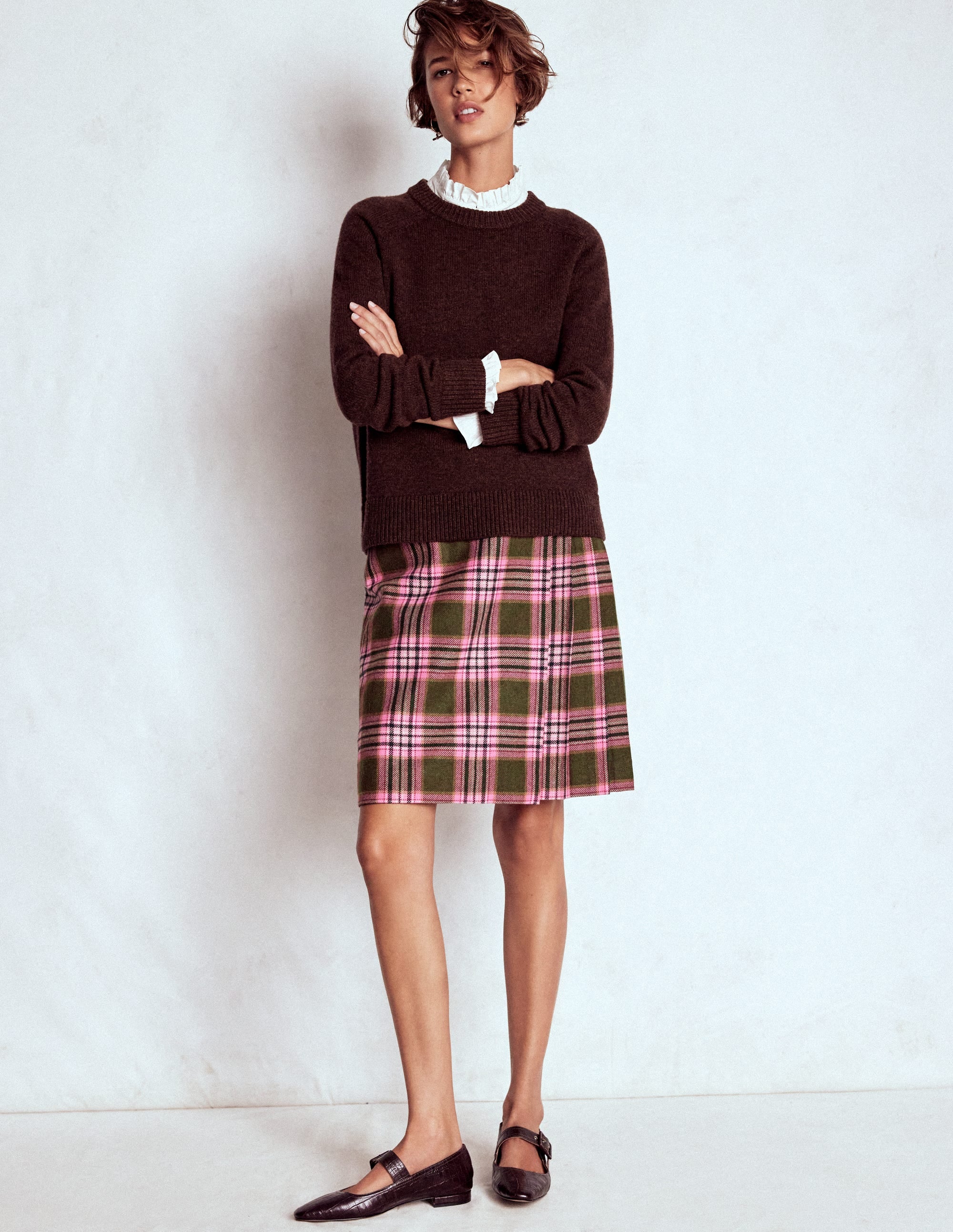 Helen Wool Kilt Skirt-Olive, Green and Pink Check - Image 1