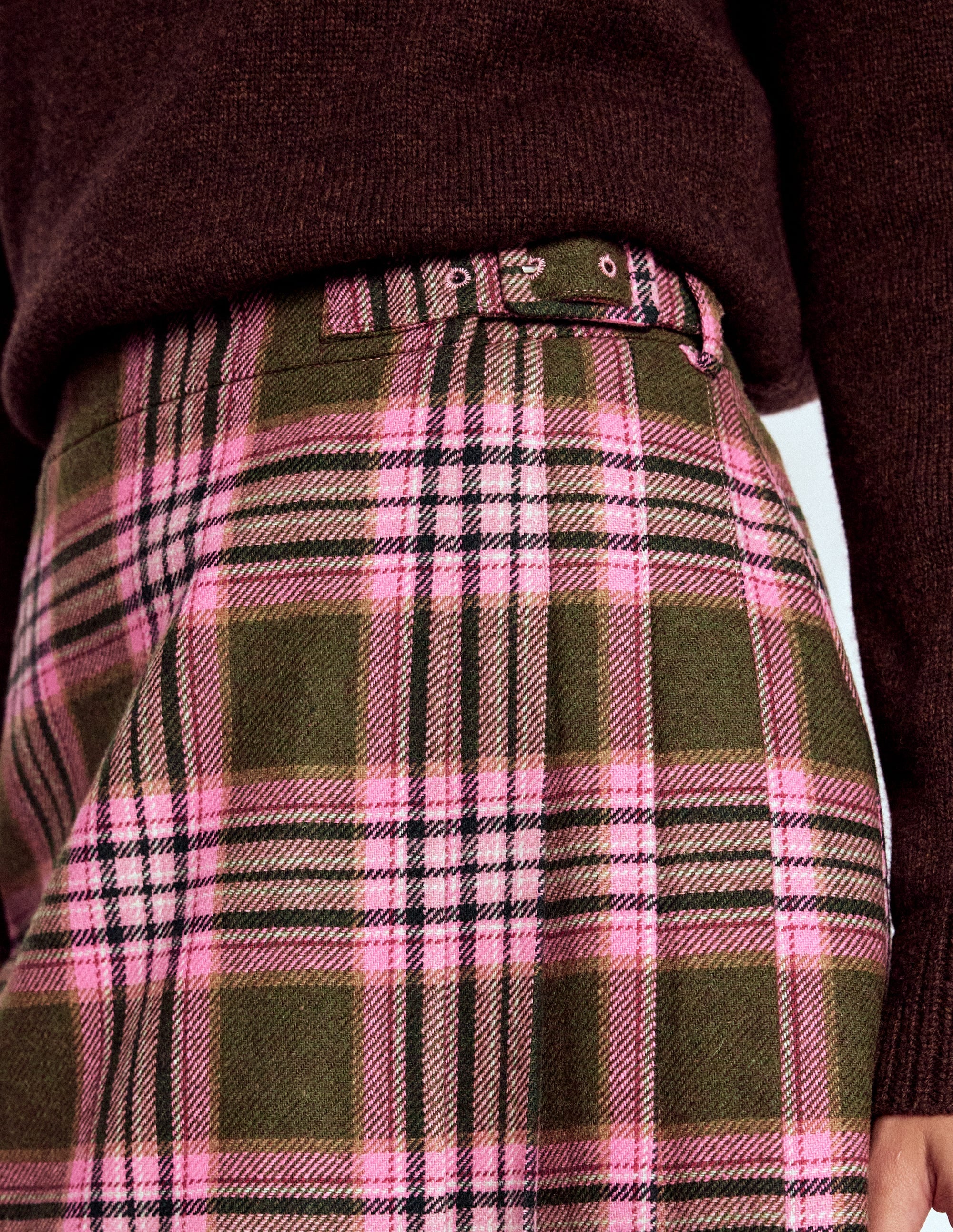 Helen Wool Kilt Skirt-Olive, Green and Pink Check - Image 2