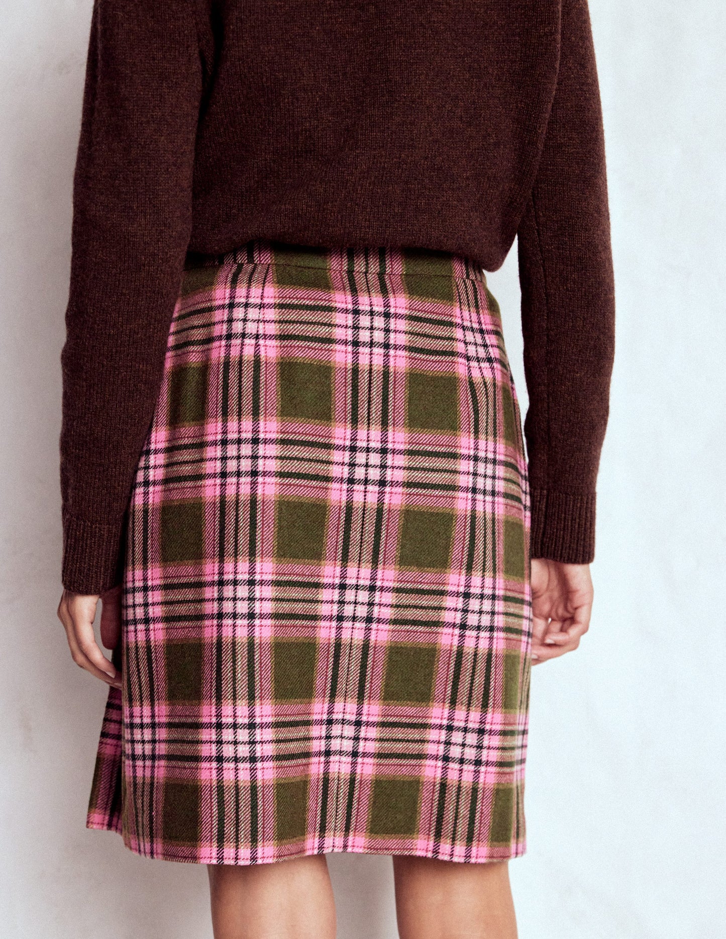 Helen Wool Kilt Skirt-Olive, Green and Pink Check