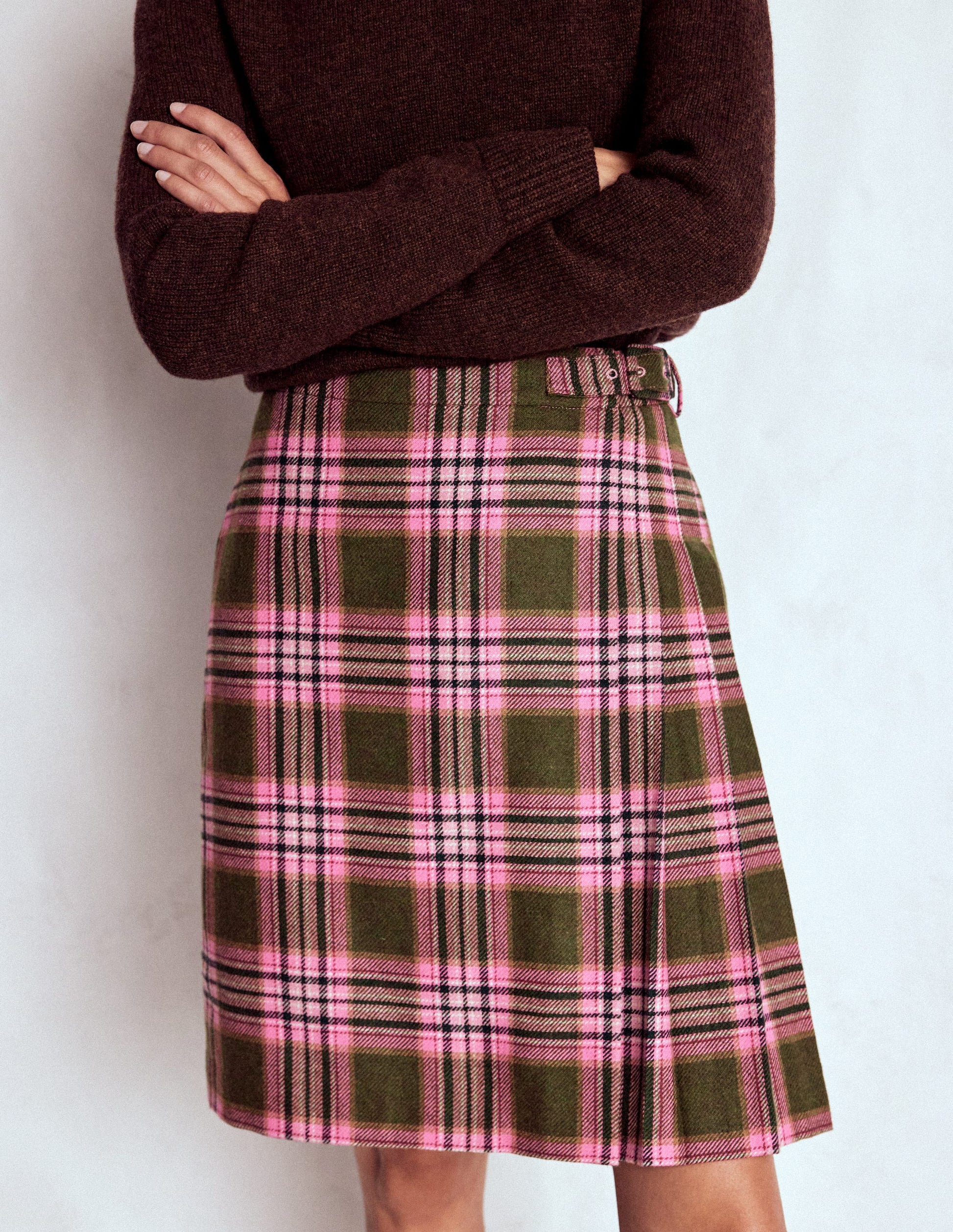 Helen Wool Kilt Skirt-Olive, Green and Pink Check-4
