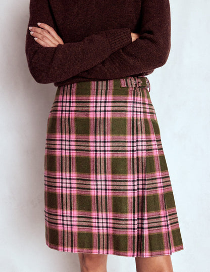 Helen Wool Kilt Skirt-Olive, Green and Pink Check-4