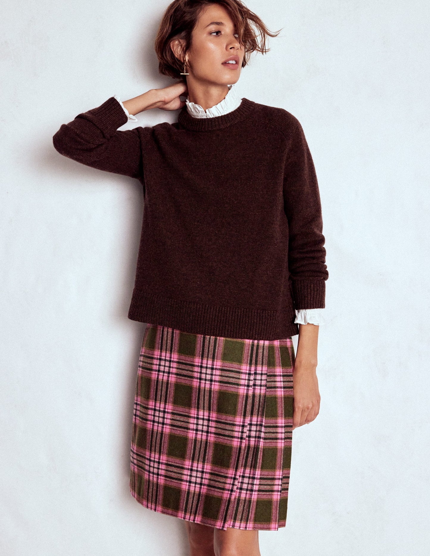 Helen Wool Kilt Skirt-Olive, Green and Pink Check