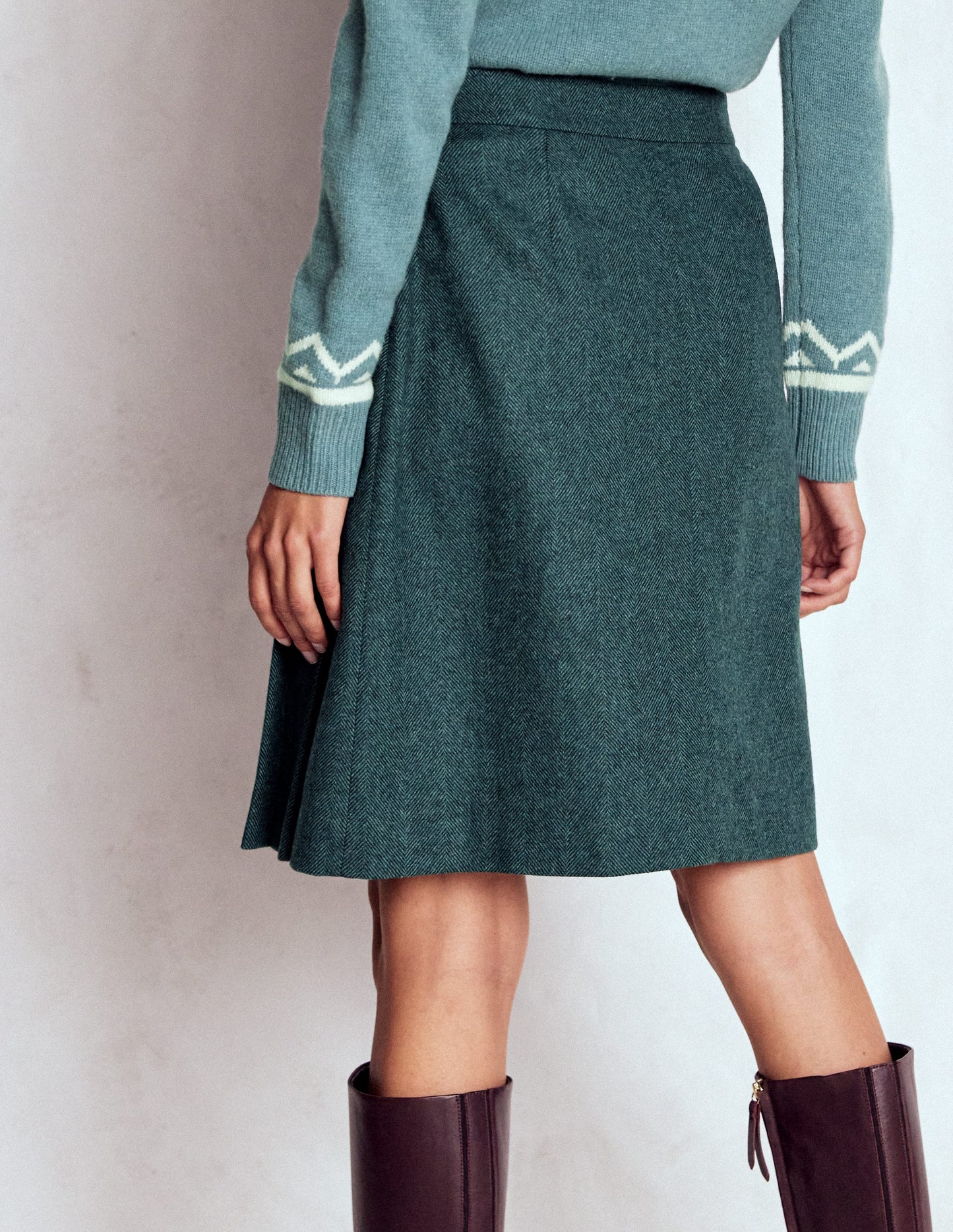 Helen Wool Kilt Skirt-Green and Navy Herringbone