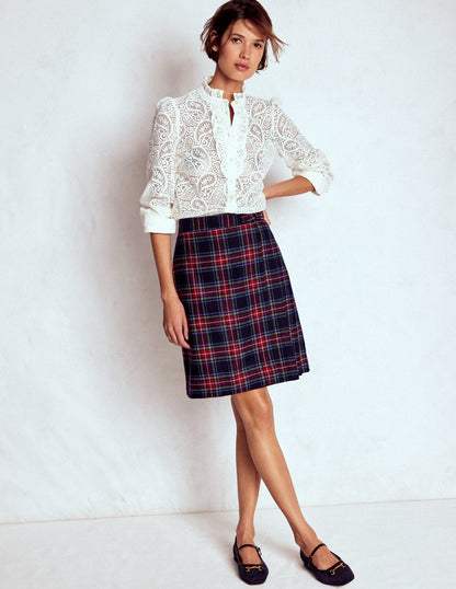 Helen Wool Kilt Skirt-Navy, Green and Red Check-5