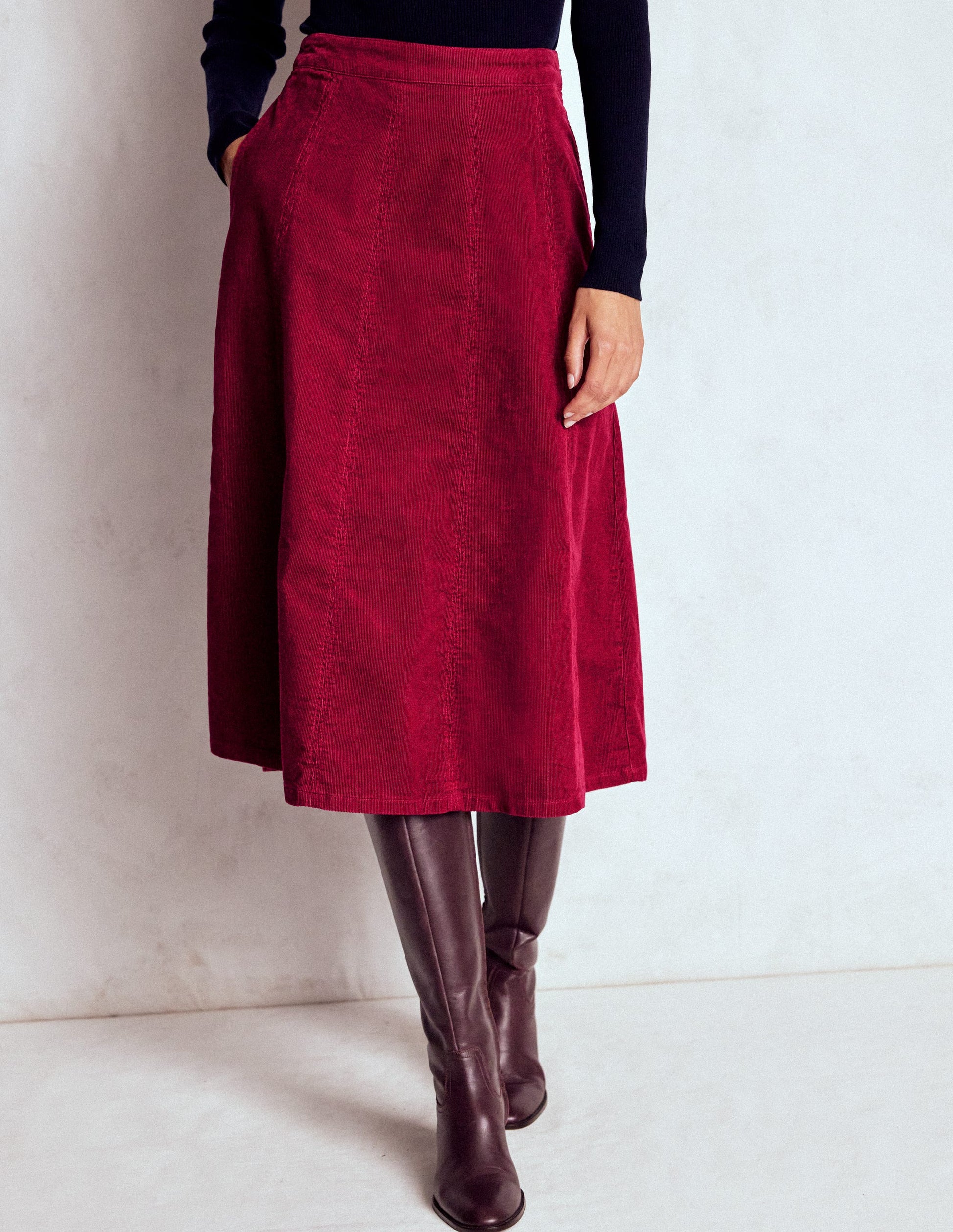 Joy Cord Midi Skirt-Burgundy Red Boden UK - Main Image