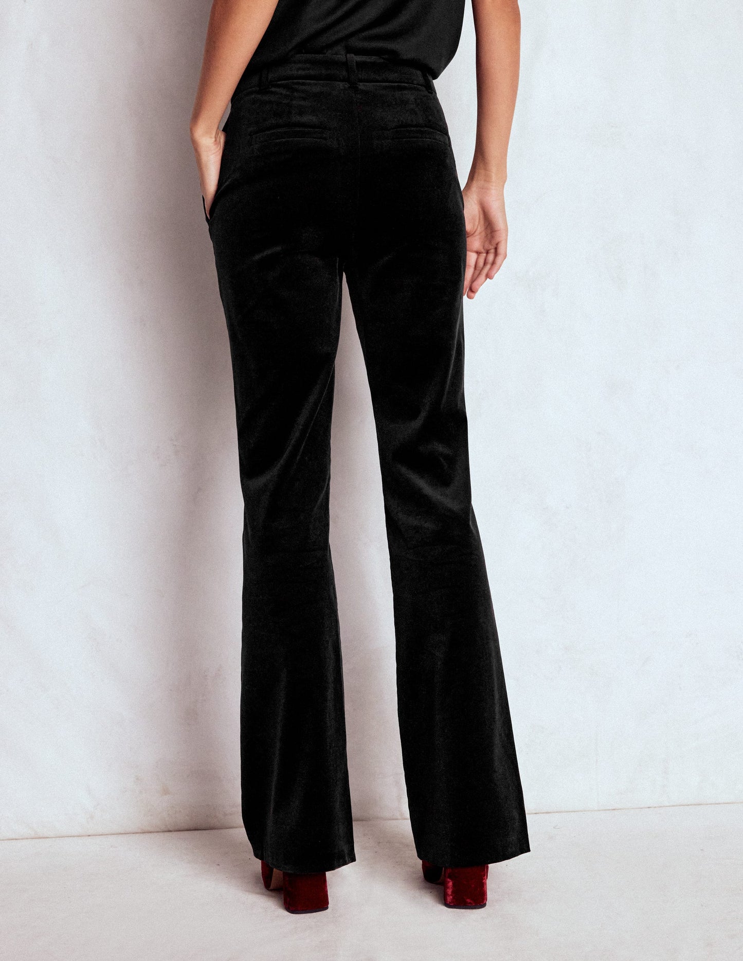 Fitted Velvet Flare Trousers-Black