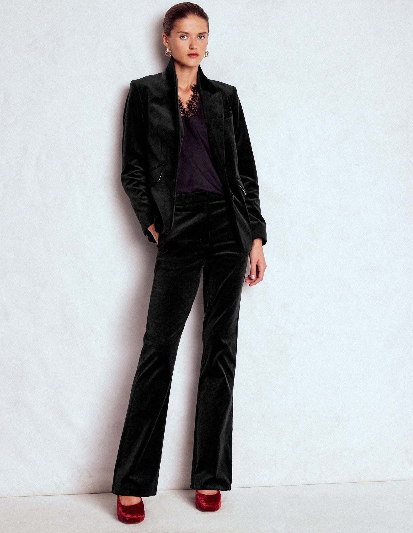 Fitted Velvet Flare Trousers-Black