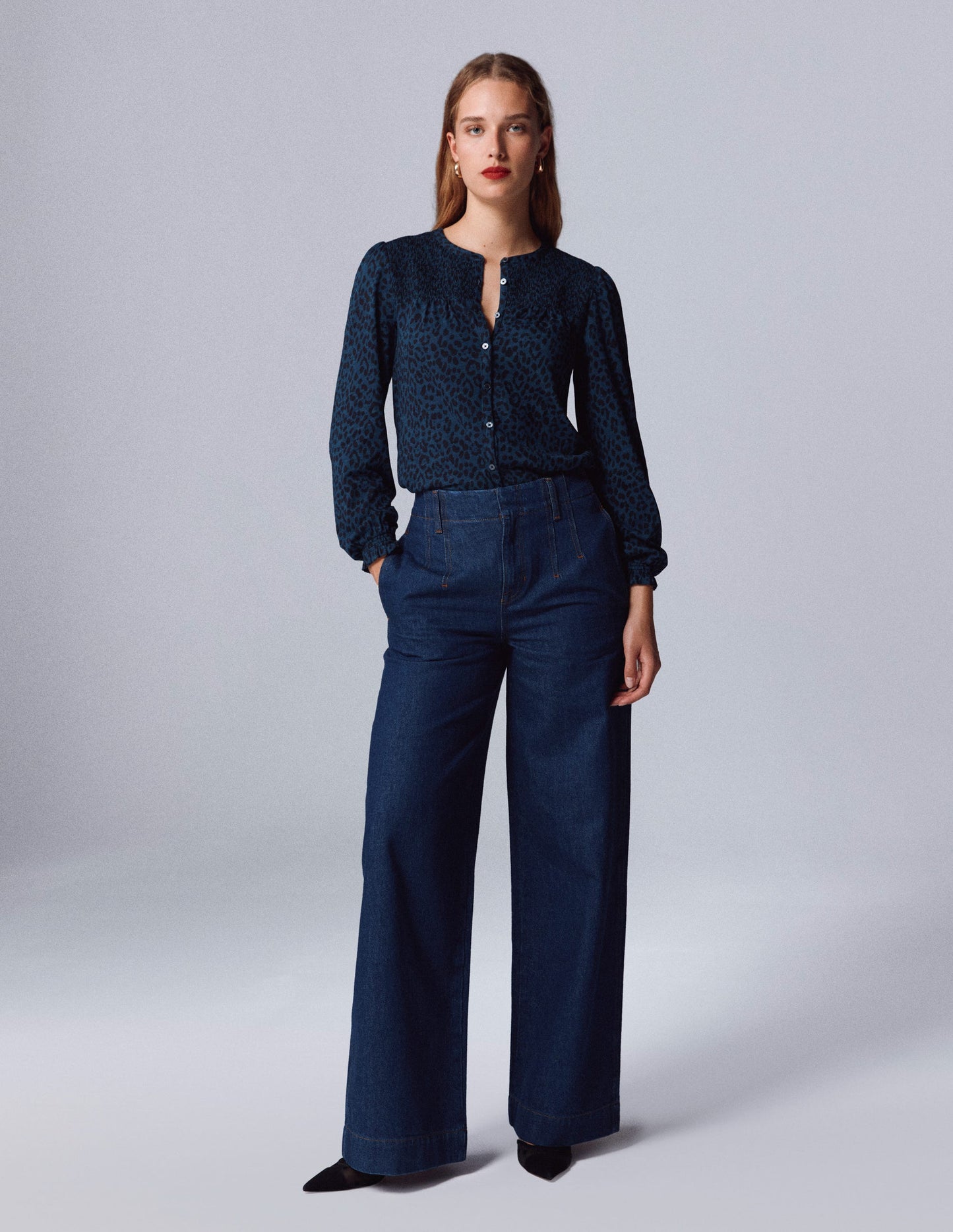 Stitch Detail Wide Leg Jeans-Indigo