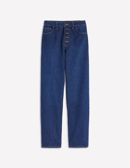 Exposed Button Straight Jeans-Indigo-6