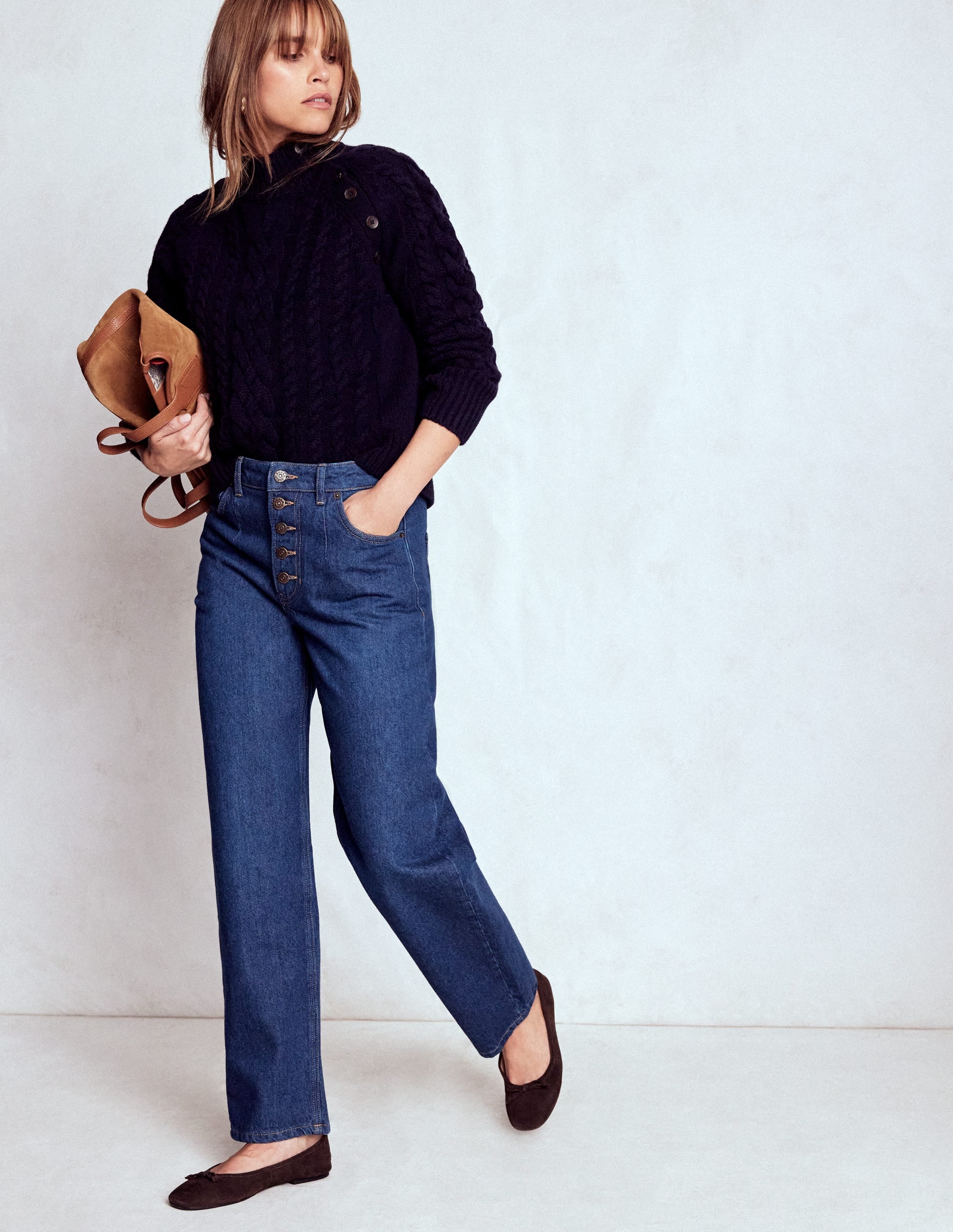 Exposed Button Straight Jeans-Indigo - Image 1