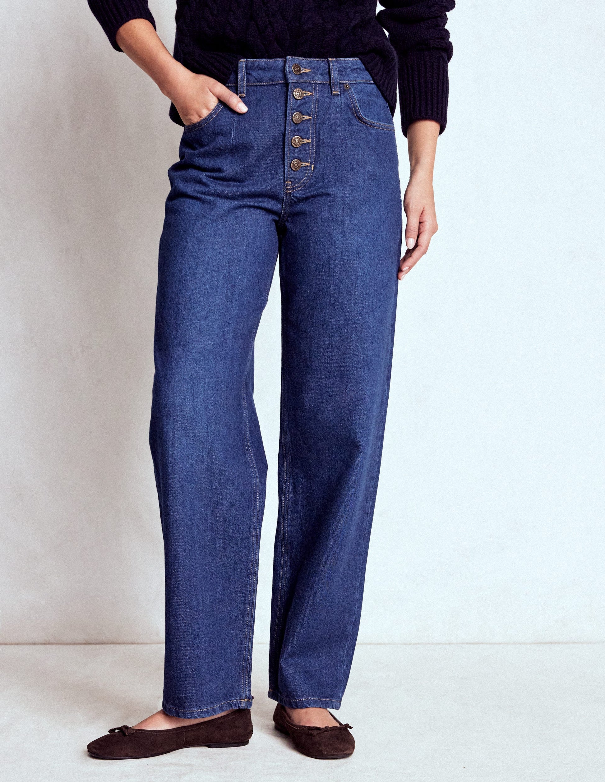 Exposed Button Straight Jeans-Indigo-4