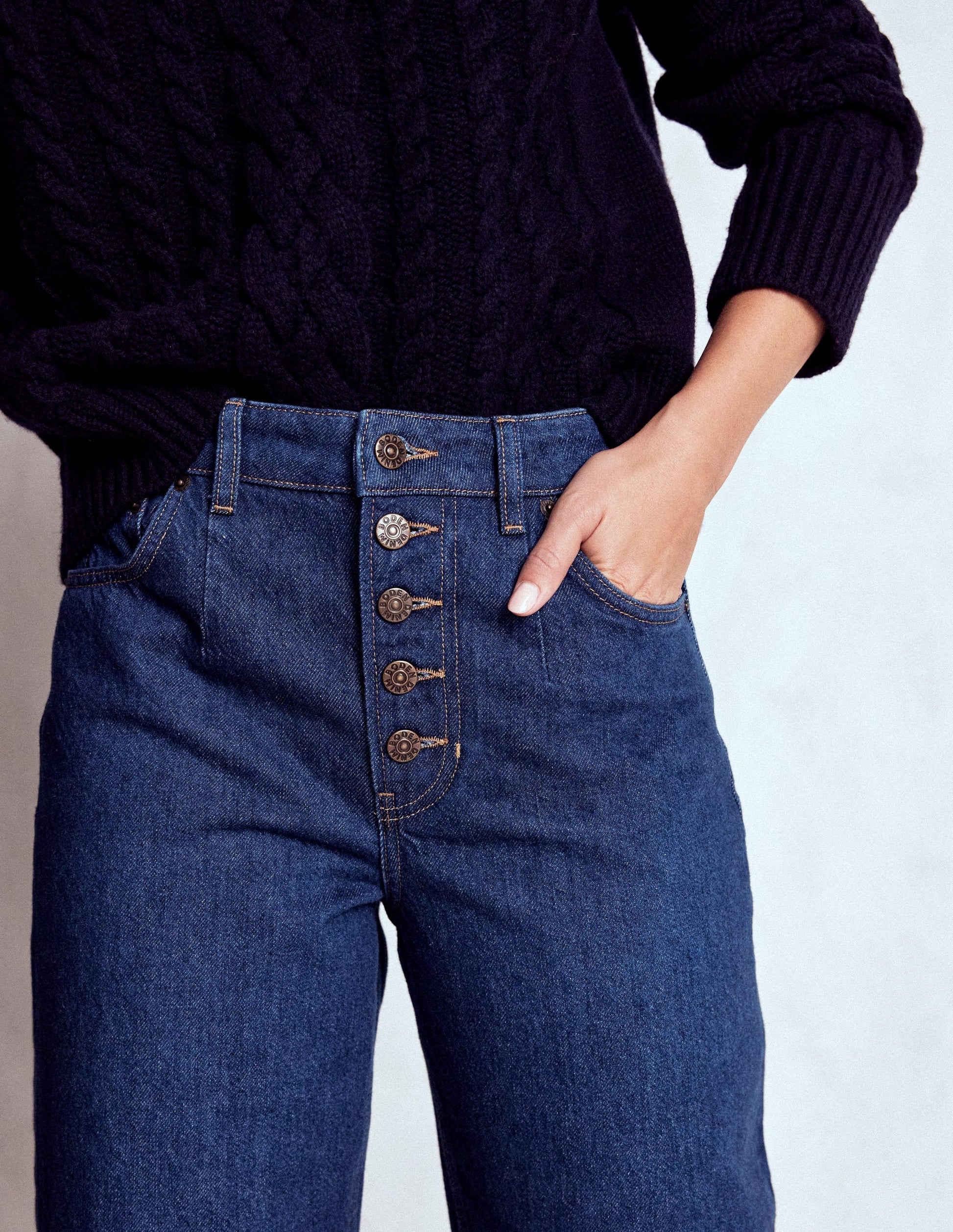 Exposed Button Straight Jeans-Indigo-5