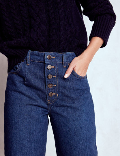 Exposed Button Straight Jeans-Indigo-5