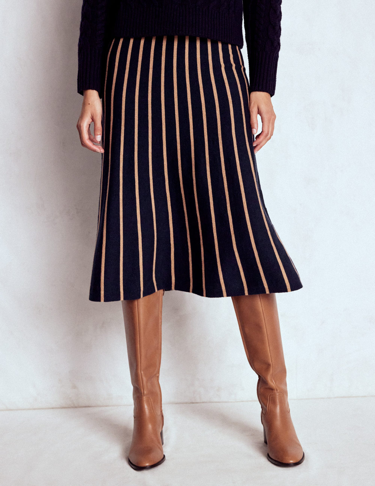 Liz Knitted Midi Skirt-Navy and Camel Stripe - Image 4