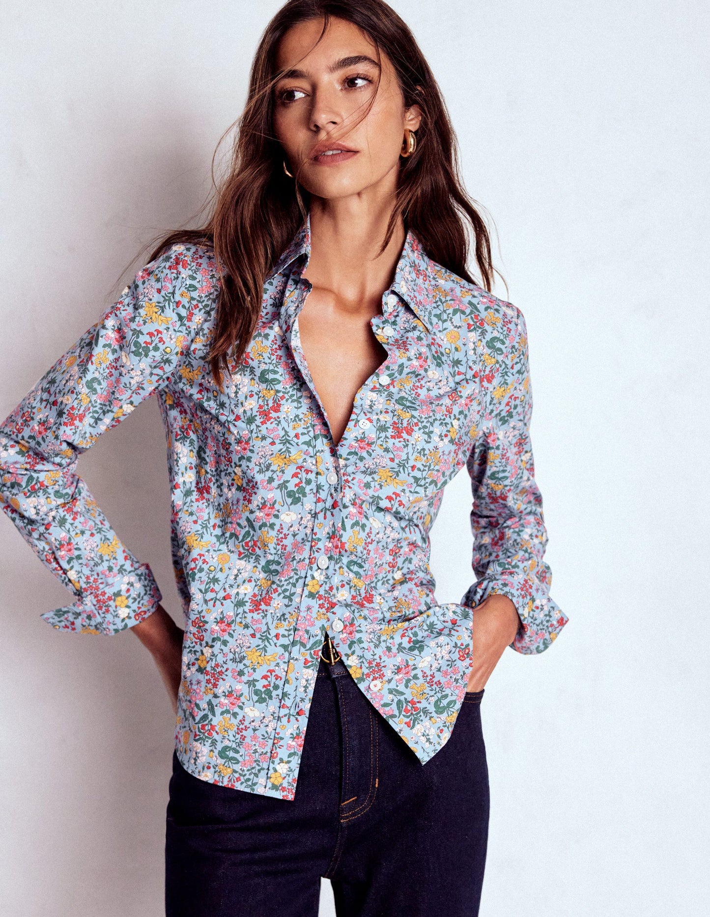 Sienna Cotton Shirt-Windward Blue, Delicate Meadow