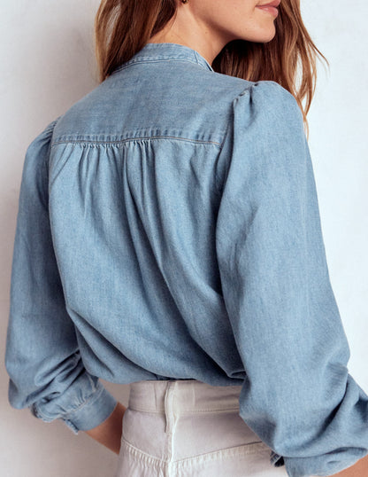 Tie Neck Denim Top-Light Authentic-3