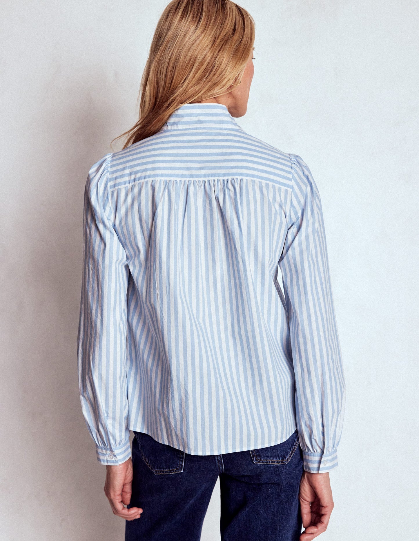 Tie Neck Top-Glacier Blue and Ivory Stripe