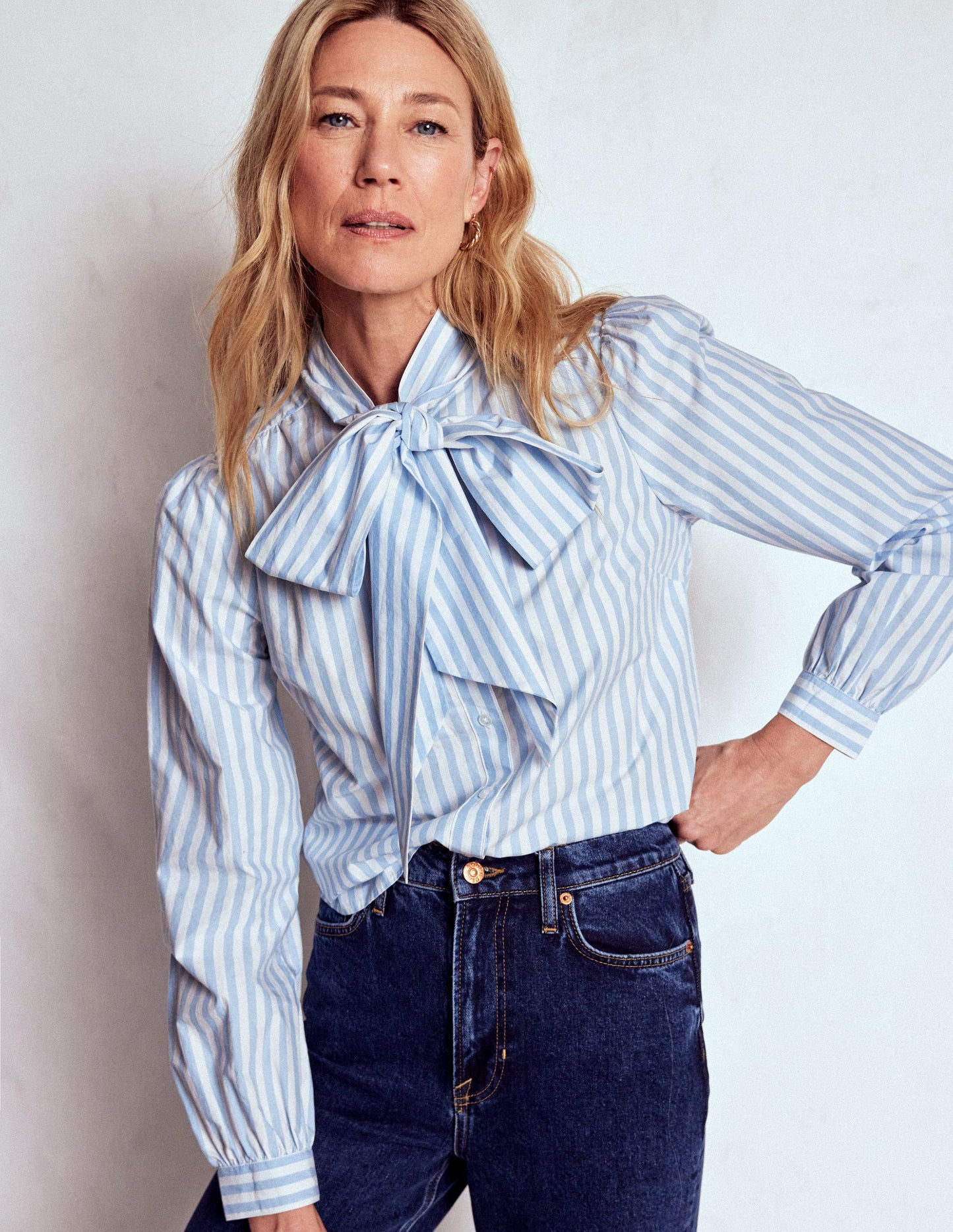 Tie Neck Top-Glacier Blue and Ivory Stripe