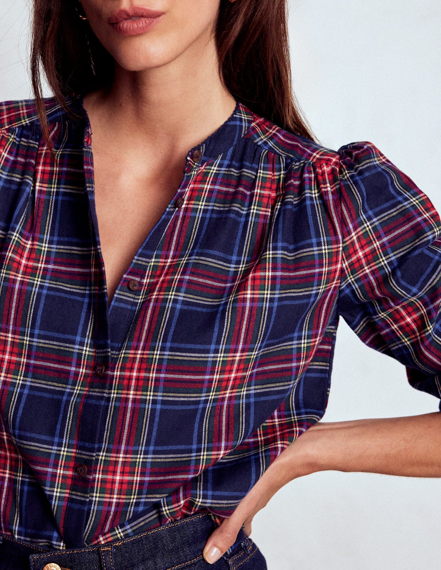 Layla Brushed Cotton Top-Navy and Red Check