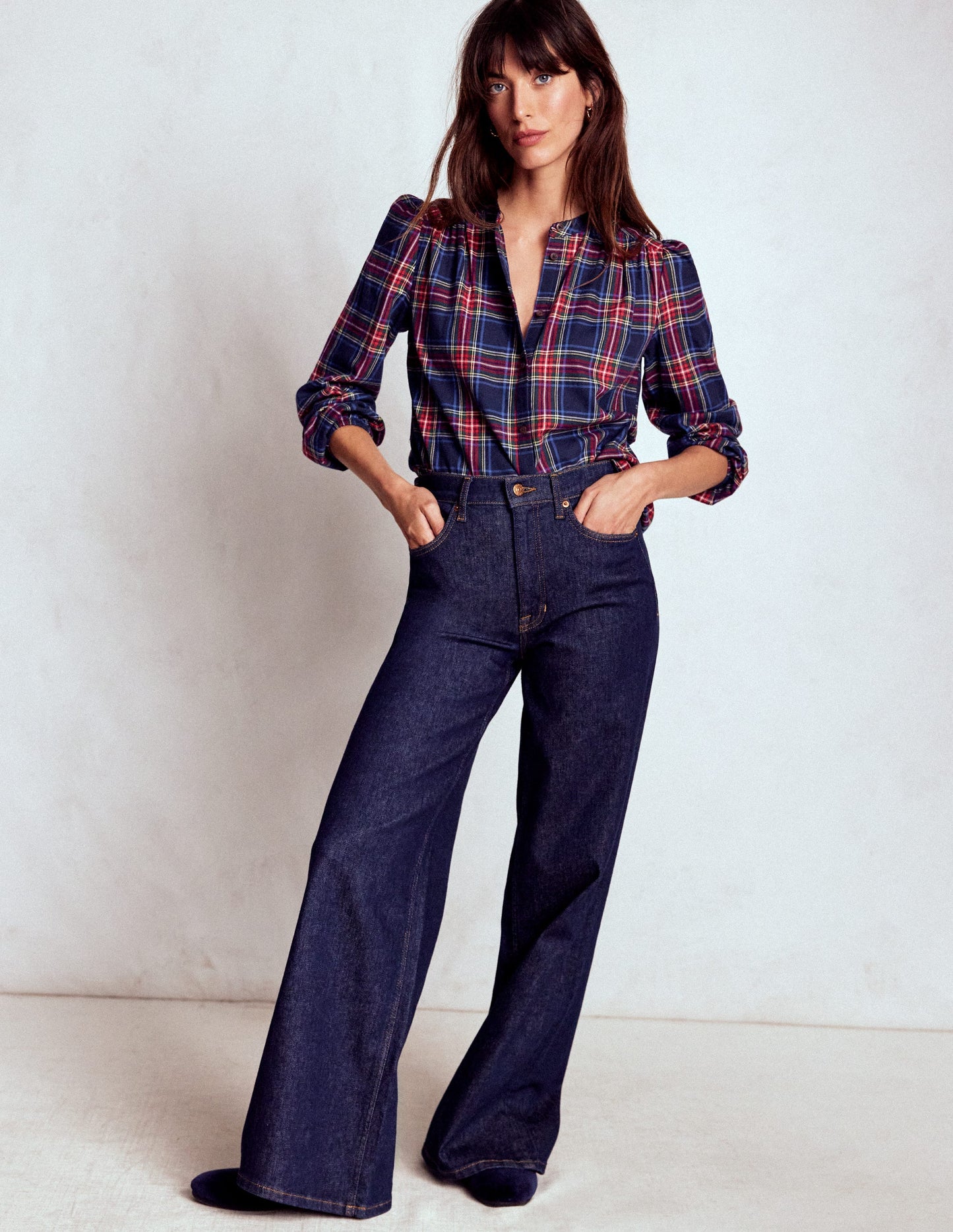 Layla Brushed Cotton Top-Navy and Red Check