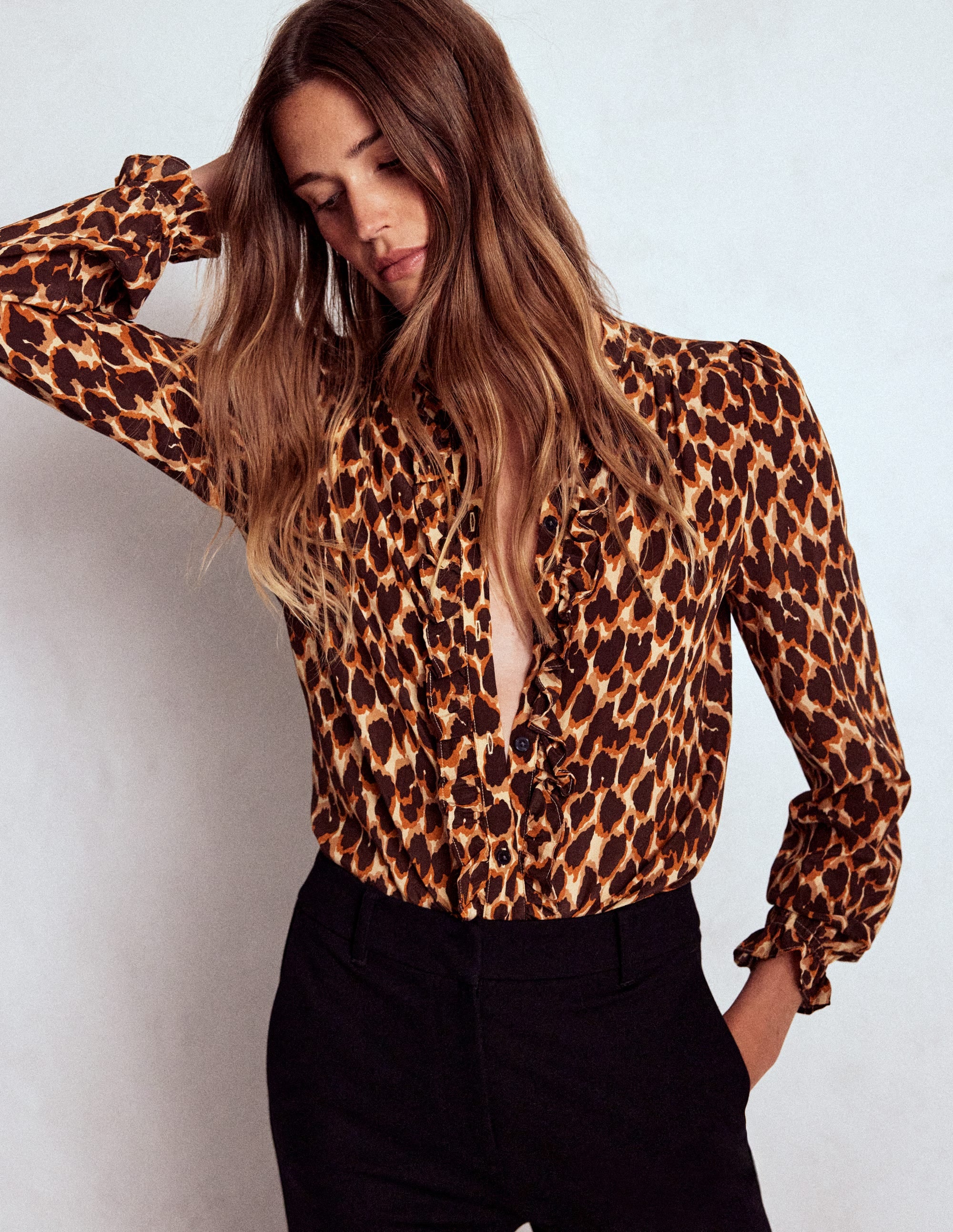 Alice Frill Front Silk Top-Leopard Spots | Boden UK